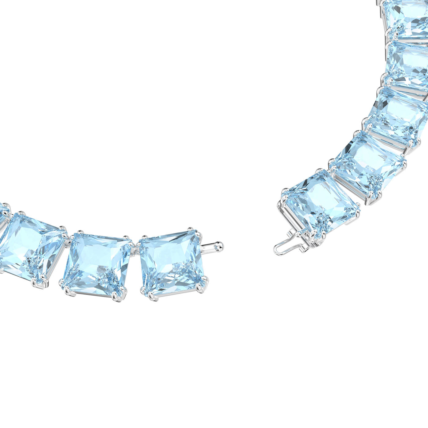 Close-up of the Swarovski Cushion Cut Crystal Harmonia Choker, showcasing large, square-cut light blue crystals set in a silver metalwork. The open clasp allows a view of the intricate detailing that securely holds each stone. This elegantly designed piece from Swarovski beautifully reflects light.