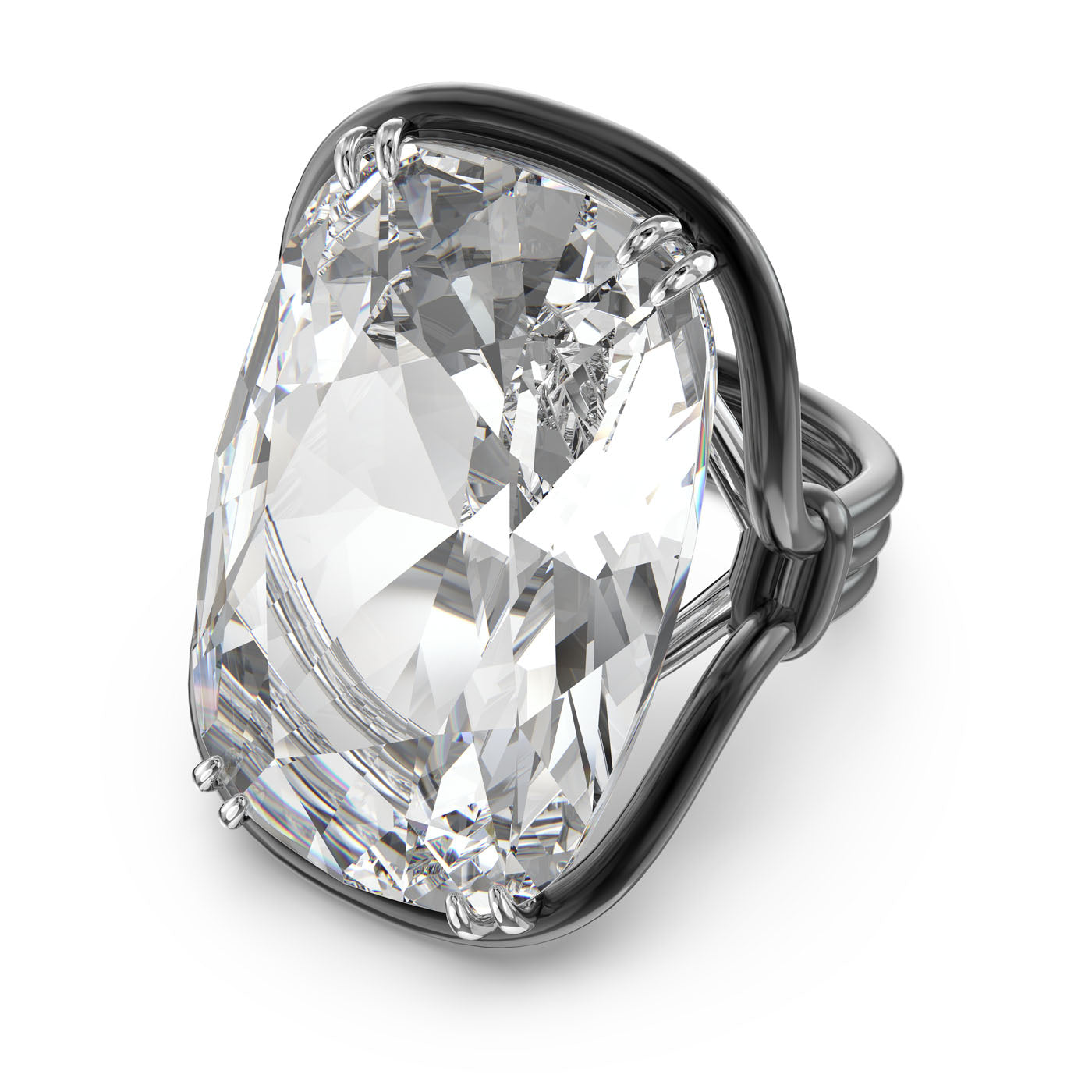 The Swarovski Oversized Crystal Harmonia Cocktail Ring by Swarovski features a cushion-cut crystal in an oversized design, set in a sophisticated silver ring with four prongs. Its smooth and polished band adds to the ring's elegant and luxurious appeal.