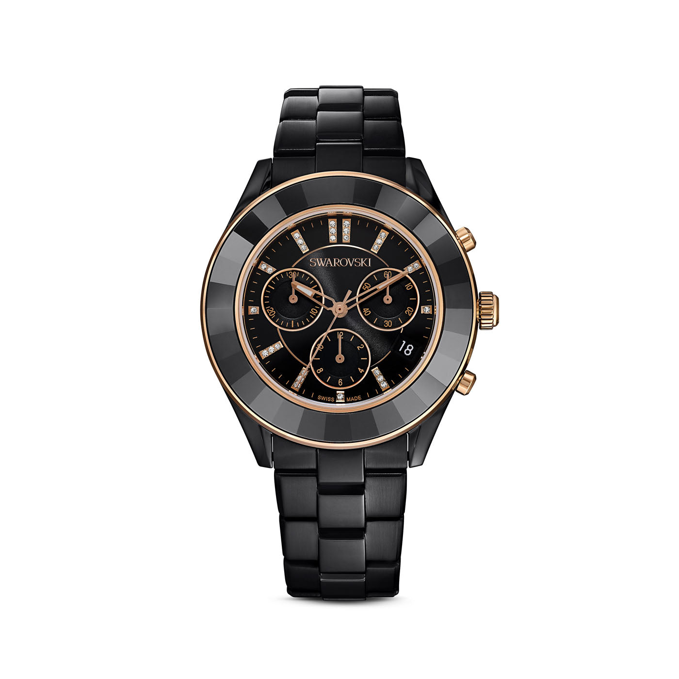 The Swarovski Octea Lux Sport Quartz 39mm Watch is a black-tone stainless steel and rose gold chronograph featuring a glossy black strap and case. Its round face includes three subdials, a date display, and distinctive Swarovski branding. The hour markers and watch hands in rose gold enhance the sleek and elegant Swiss Made design of this timepiece.