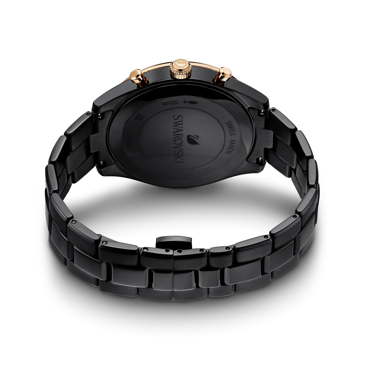 The image captures the back view of a black-tone stainless steel wristwatch, featuring its sleek metal strap. The case of the Swarovski Octea Lux Sport Quartz 39mm Watch is elegantly engraved with "Swarovski," underscoring its refined design.