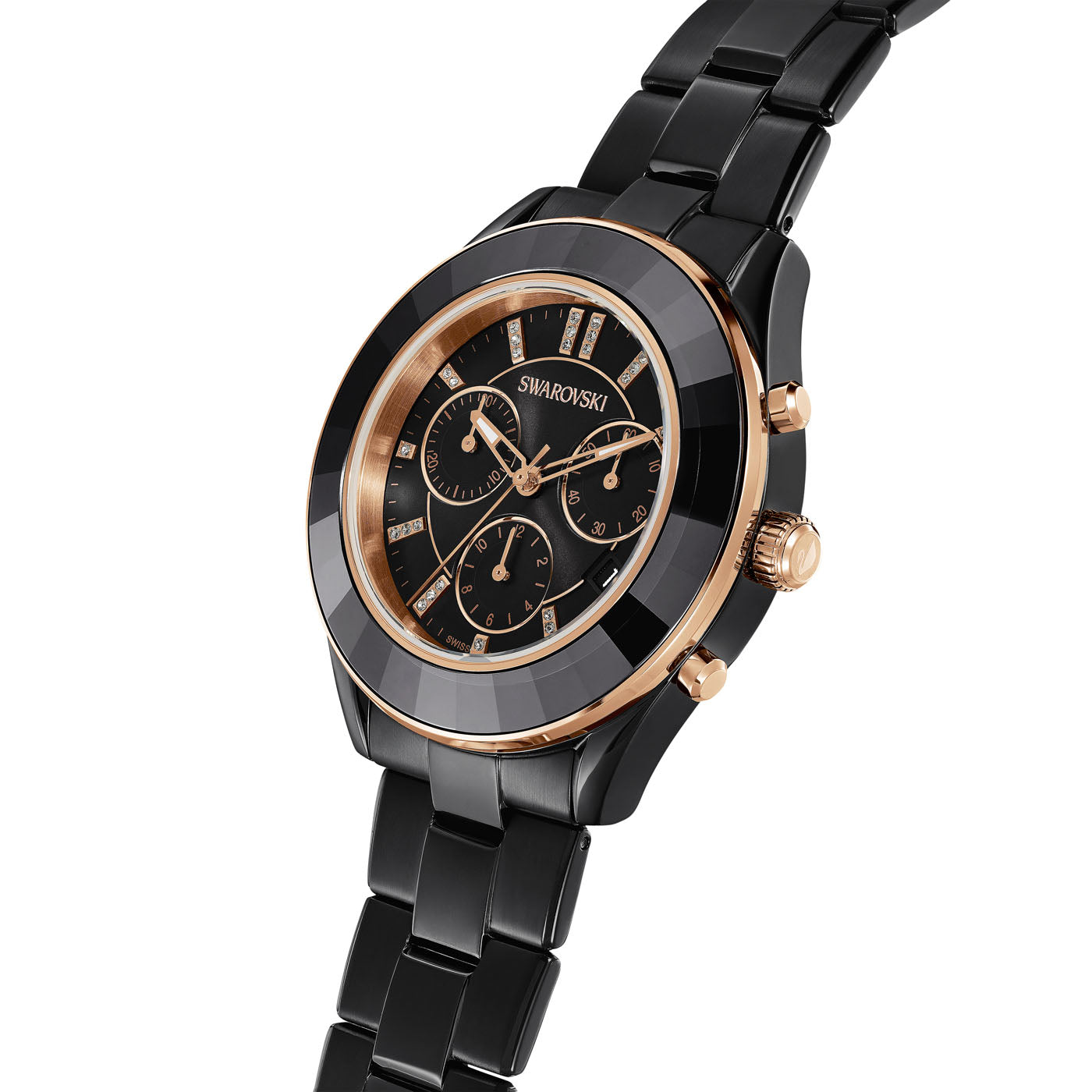 Discover the exquisite Swarovski Octea Lux Sport Quartz 39mm Watch, a stunning combination of Swiss Made precision and iconic Swarovski style. This elegant timepiece features a sleek black ceramic strap with gold accents, a glossy black dial adorned with three sub-dials, and sparkling crystal hour markers.