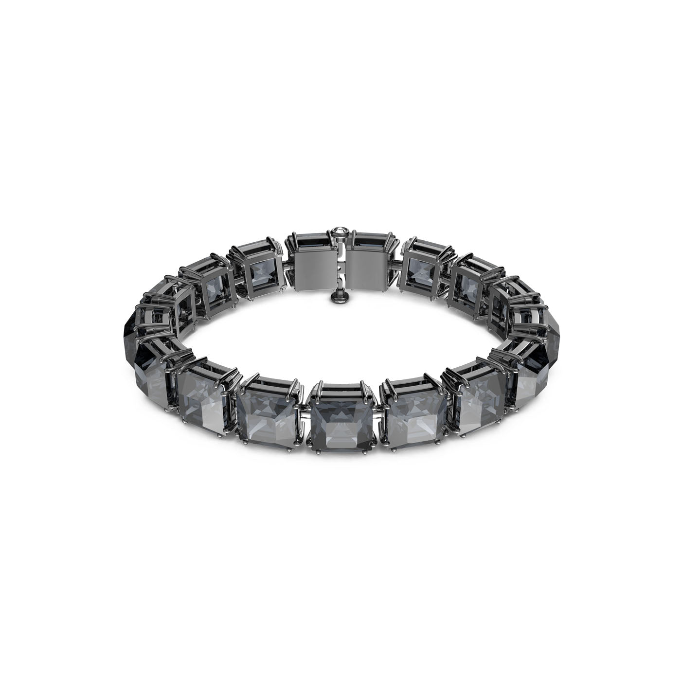 The Swarovski Medium Square Cut Crystal Millenia Bracelet, crafted with luxury rhodium plating, showcases a sequence of large square-cut crystals in a graphite hue set within a continuous metallic band, elegantly displayed on a plain white background.