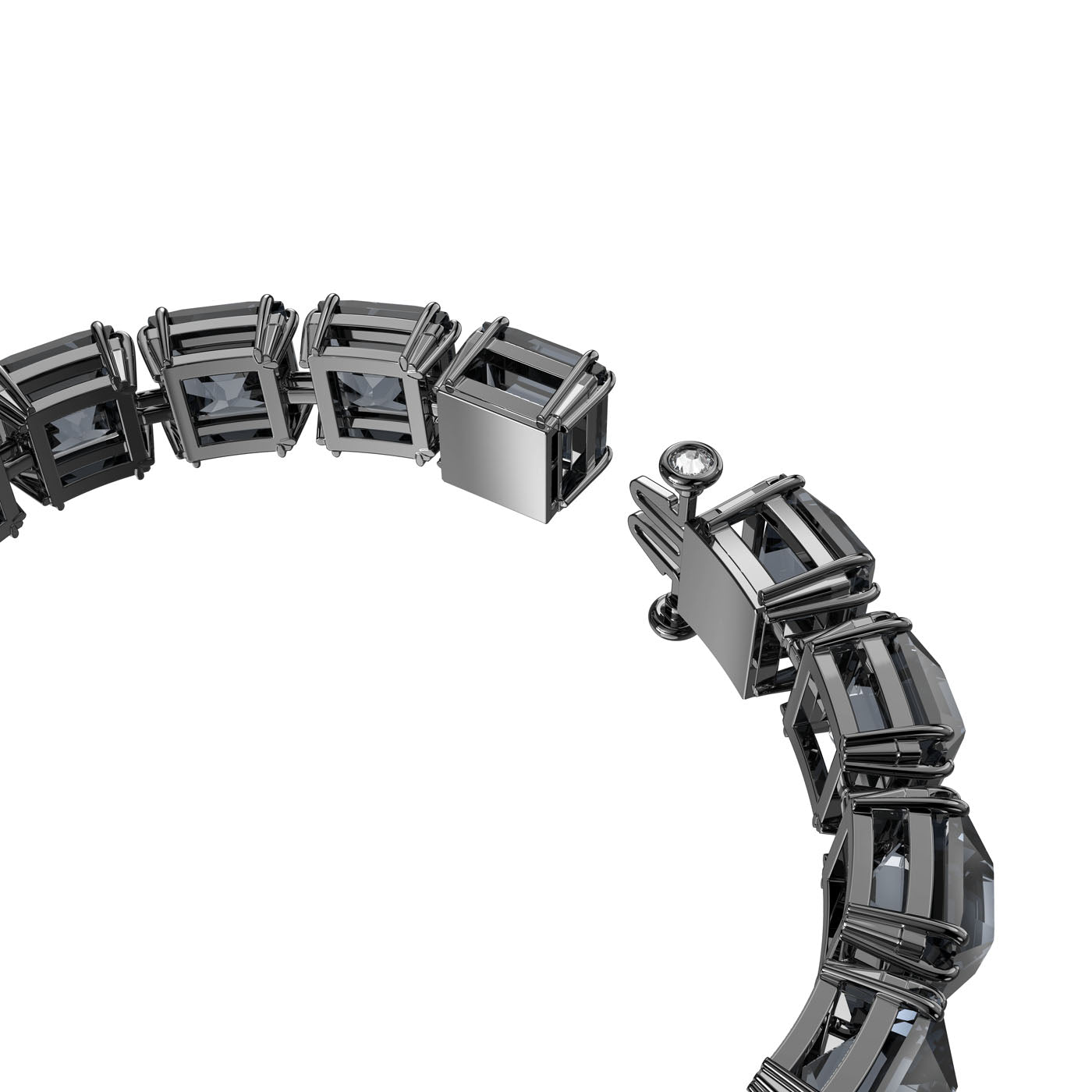 A detailed view of the Swarovski Medium Square Cut Crystal Millenia Bracelet highlights its rhodium-plated design with rectangular links adorned with square-cut graphite crystals. The bracelet's elegant look is seamlessly complemented by a small circular clasp in a darker metallic shade.