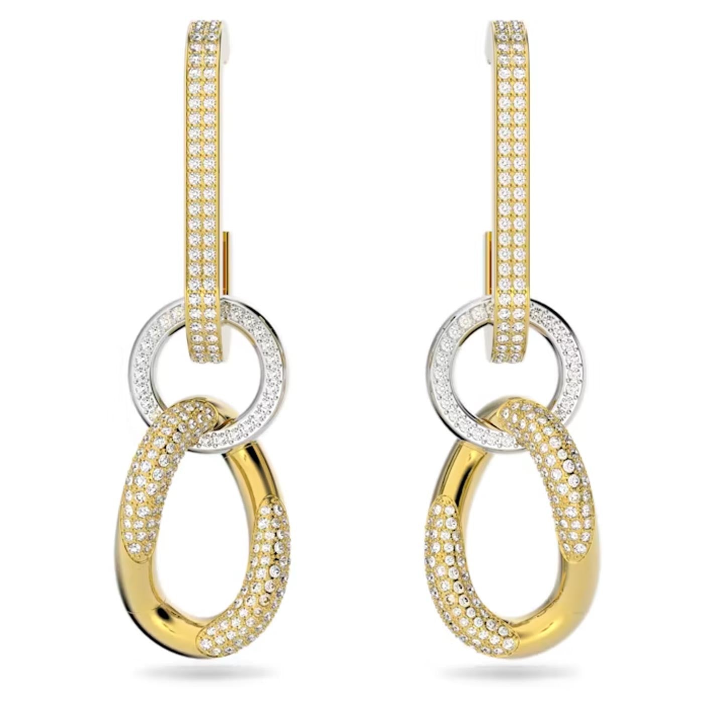 The Swarovski Dextera Chain Link Drop Earrings by Swarovski feature gold and silver interlocking loops, each embellished with multiple small diamonds and completed with a clear crystal accent. These earrings offer a sparkling and luxurious look against a white background, highlighting their unique craftsmanship.