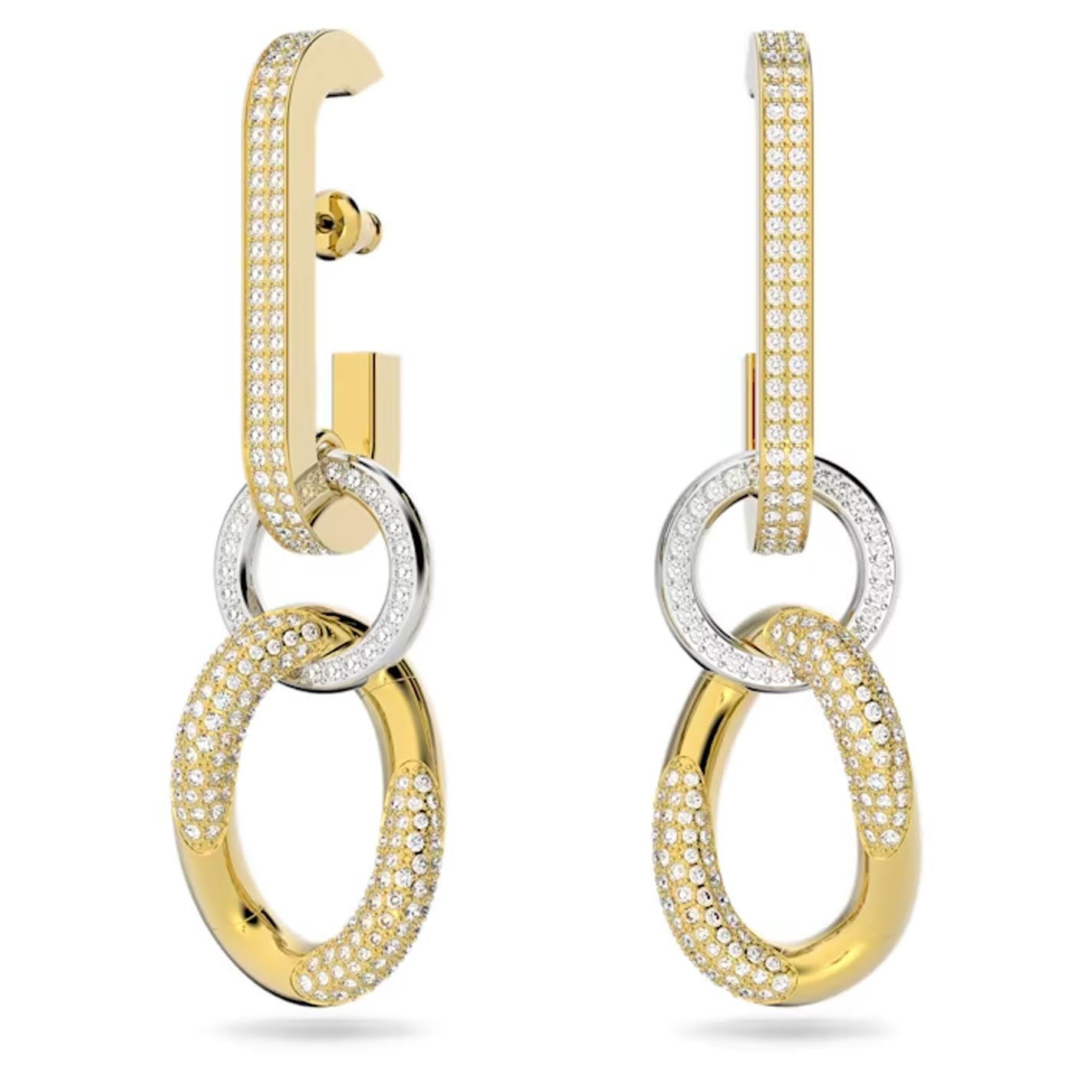 The Swarovski Dextera Chain Link Drop Earrings showcase a sophisticated and luxurious style, featuring interlocking loops with elegant gold and silver elements adorned with small, sparkling stones. These earrings highlight Swarovski craftsmanship and are embellished with clear crystals.