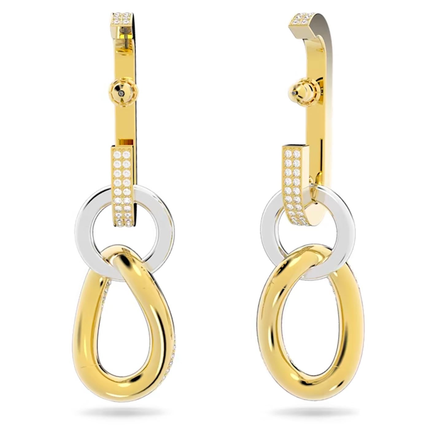 The Swarovski Dextera Chain Link Drop Earrings feature an elegant design with gold and silver interlocking loops. The upper sections are adorned with clear crystals, highlighting the exquisite craftsmanship of Swarovski and adding a touch of sparkle to the refined metalwork.