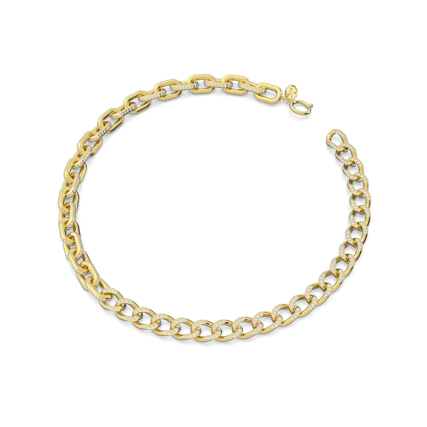 The Swarovski Dextera Gold Tone Mixed Links Necklace, featuring a lobster clasp, lies in a circular shape on a white background. The evenly sized and polished chain links create a sleek and shiny appearance, adding elegance to any outfit.