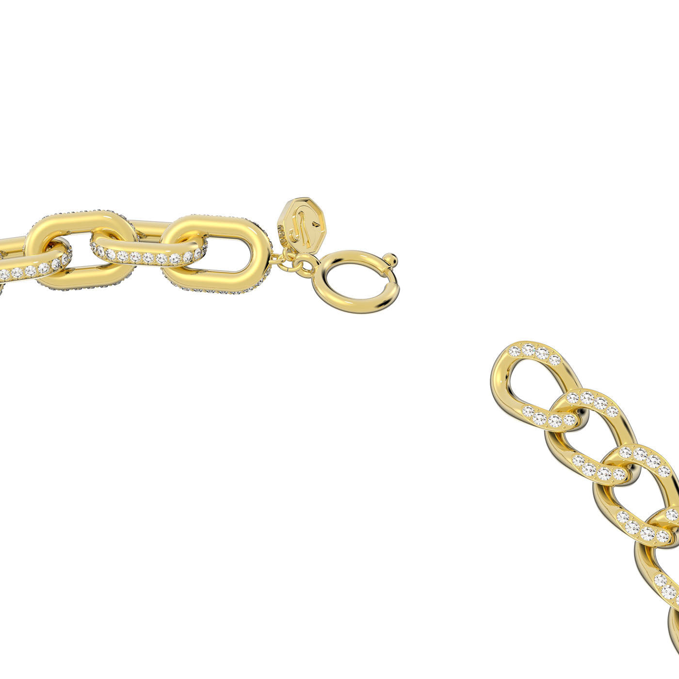 The Swarovski Dextera Gold Tone Mixed Links Necklace is a stunning piece featuring large interlocking links with embedded small diamonds. It showcases an open clasp, emphasizing the intricate design and shimmering details synonymous with Swarovski's craftsmanship.
