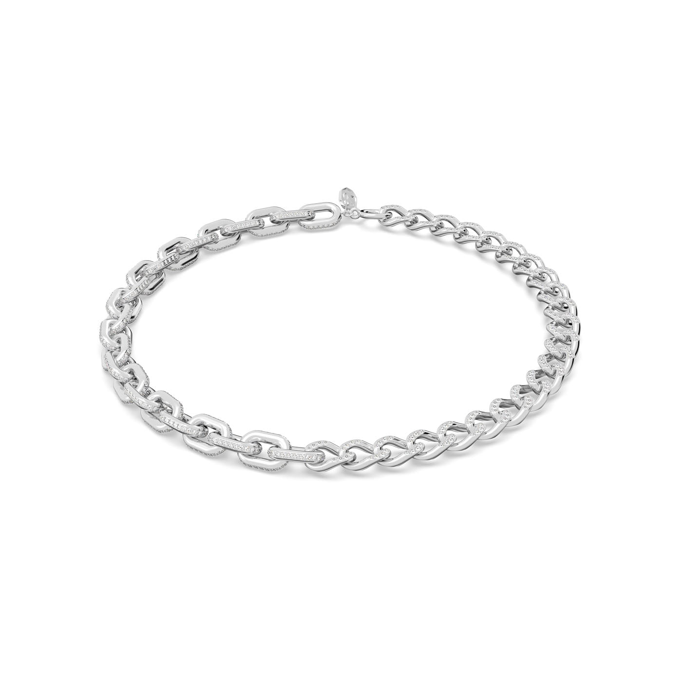 A Swarovski Dextera Mixed Link Necklace, featuring a rhodium-plated design with oval and round links, elegantly laid out in a circular shape against a plain white background.