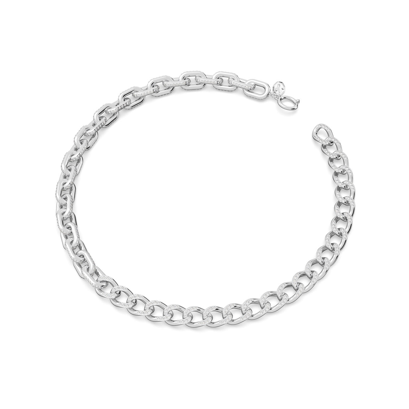 A close-up image of the Swarovski Dextera Mixed Link Necklace, elegantly arranged in a circle on a white background. The necklace showcases a series of mixed links and is secured with a lobster clasp, adding a modern touch to this classic piece.