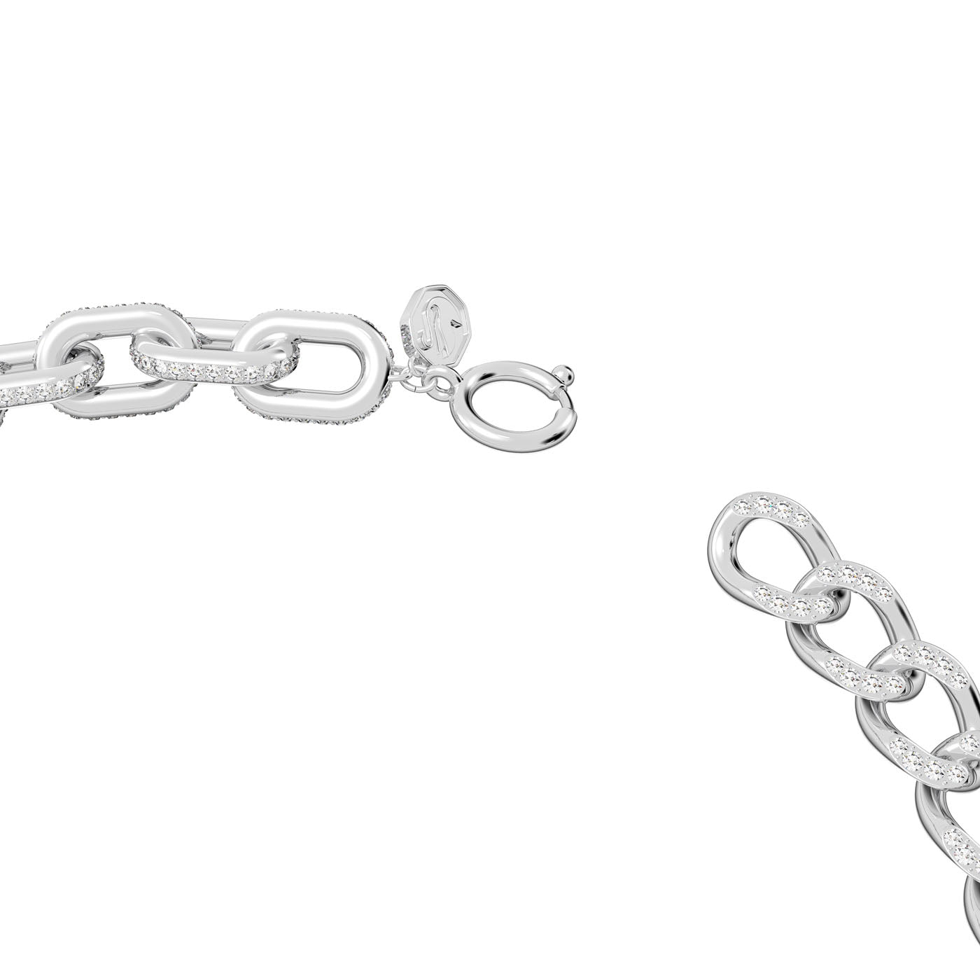A close-up of the Swarovski Dextera Mixed Link Necklace, featuring rhodium-plated silver links with a textured pattern and an open clasp. Set against a plain white background, it highlights its elegance and modern design, making it as striking as a piece embellished with crystals.