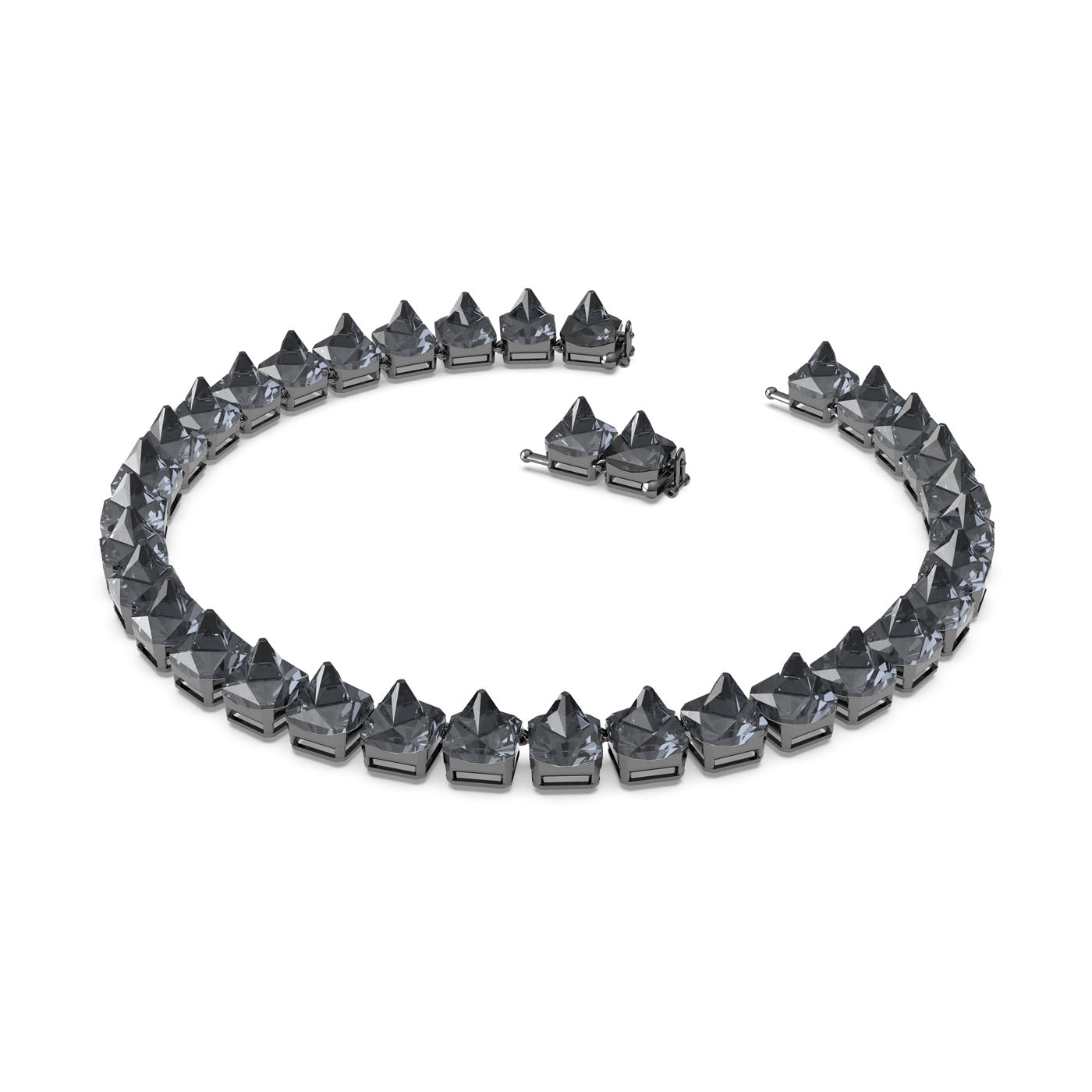 The Swarovski Pyramid Cut Crystal Ortyx Necklace features a stunning row of dark grey pyramid-cut crystals, elegantly set in metallic settings on a white background, seamlessly arranged in a circular design.