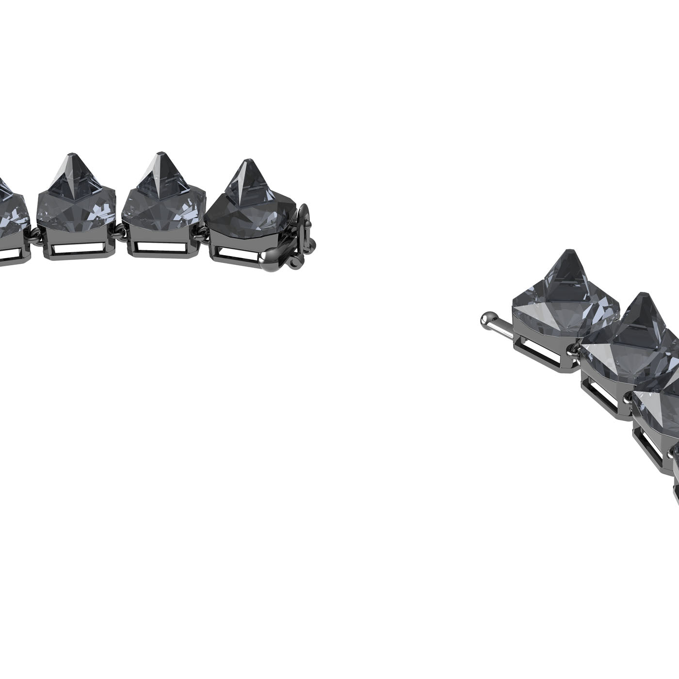 A geometric statement piece, the Swarovski Pyramid Cut Crystal Ortyx Necklace, showcases pyramid-cut crystals set in metallic links against a plain white background. The two slightly curved sections of the design face each other, emphasizing its bold appearance.