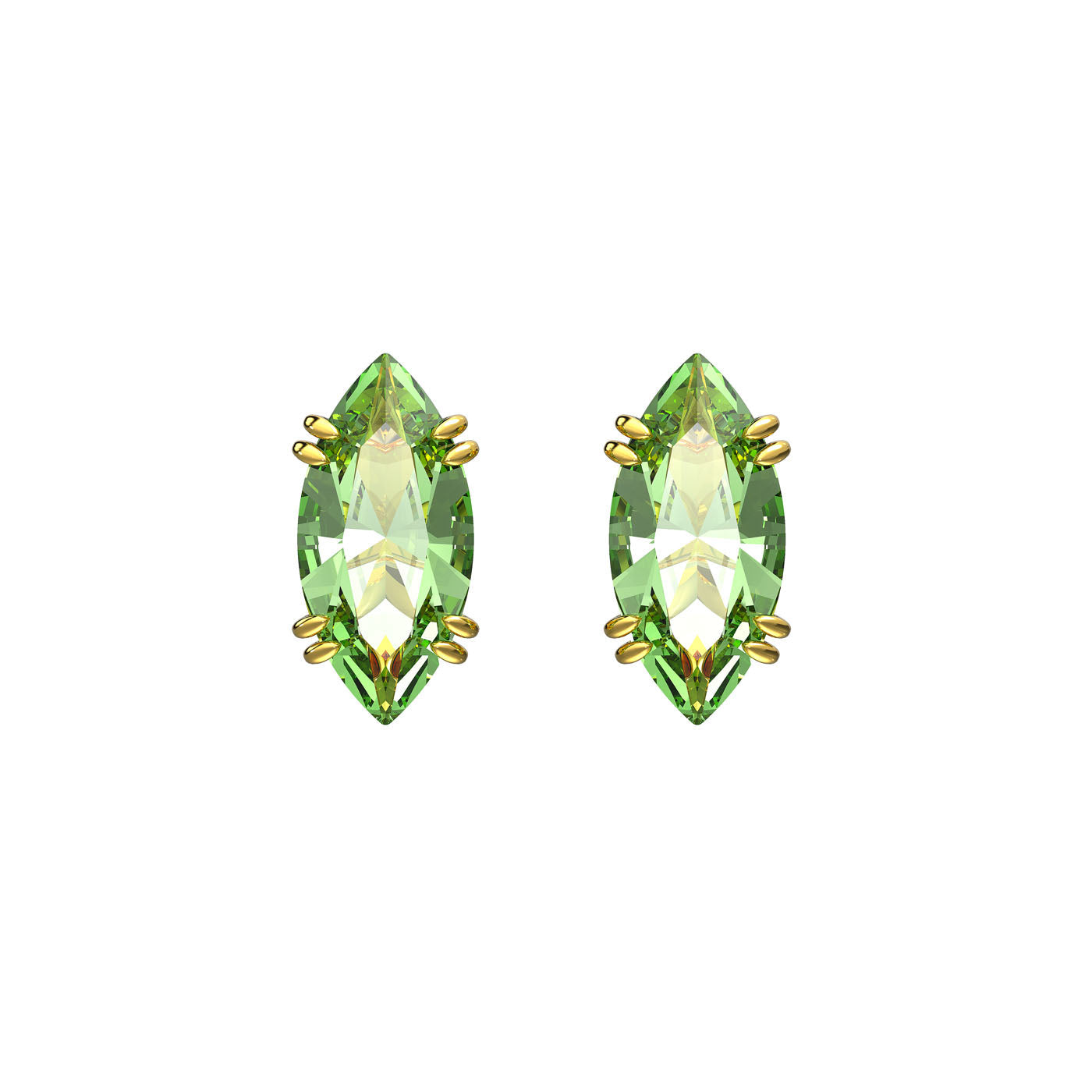 The Swarovski Gema Green Kite Cut Stud Earrings showcase sparkling green gemstones with an elegant kite cut, securely set in gold prongs against a pristine white backdrop. Part of the esteemed Gema collection, their stones feature an elongated shape with pointed ends on each side.
