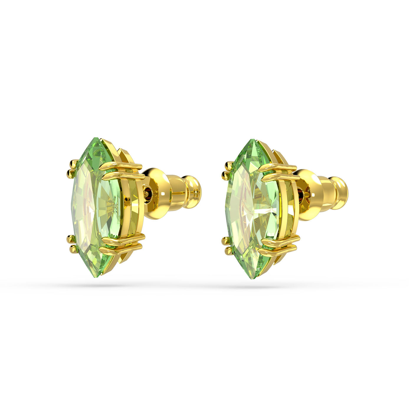 A pair of Swarovski Gema Green Kite Cut Stud Earrings showcases the Gema family's exquisite style with its decorative prongs, featuring kite-cut green gemstones set against a pristine white background.
