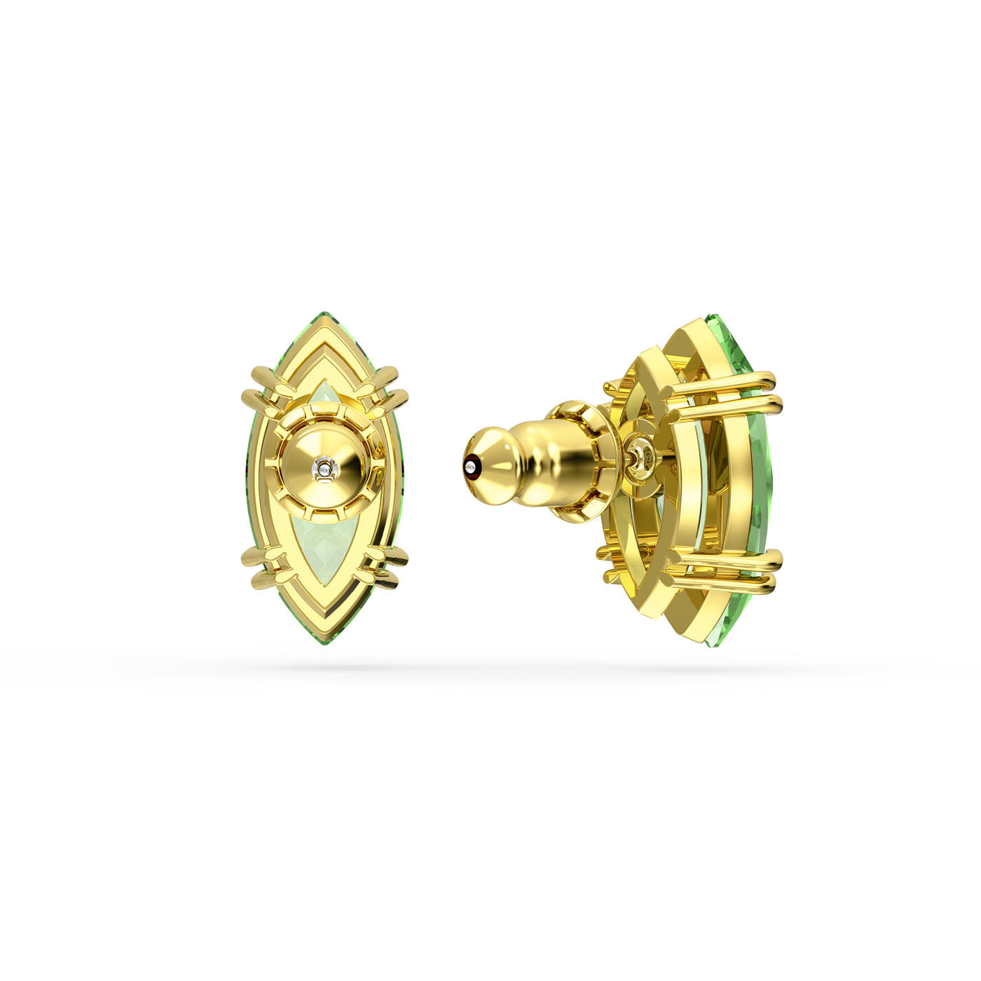 Close-up of the Swarovski Gema Green Kite Cut Stud Earrings, featuring two gold-tone plated earrings adorned with leaf-shaped green gemstones. One earring showcases the front design, while the other highlights intricate metalwork and secure clasps on the back. Ideal for those who appreciate exquisite craftsmanship.
