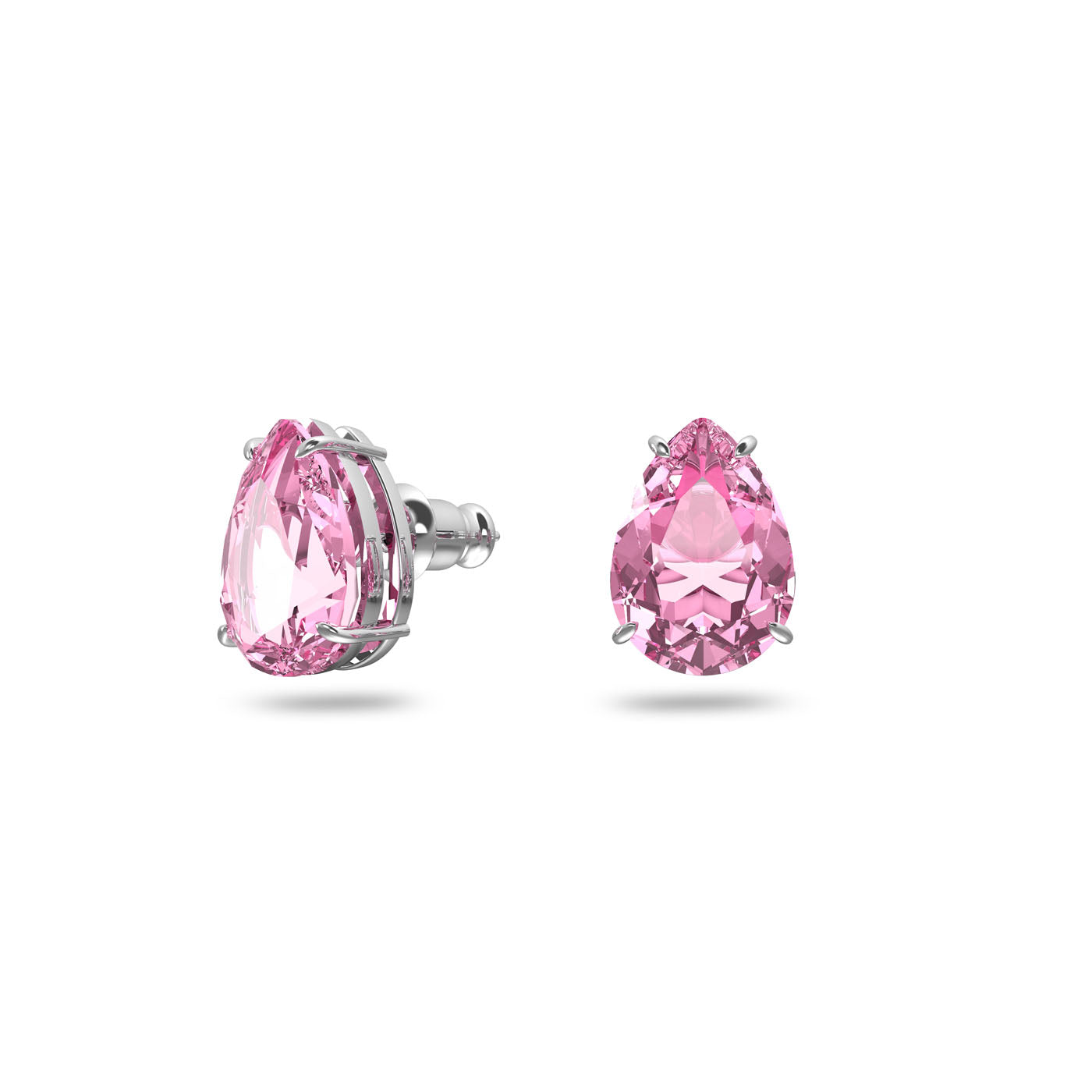 Swarovski's Gema Pink Kite Cut Stud Earrings feature kite-cut pink crystals set in silver, showcased against a white background. The prong settings enhance the faceted stones, creating a dazzling sparkle.