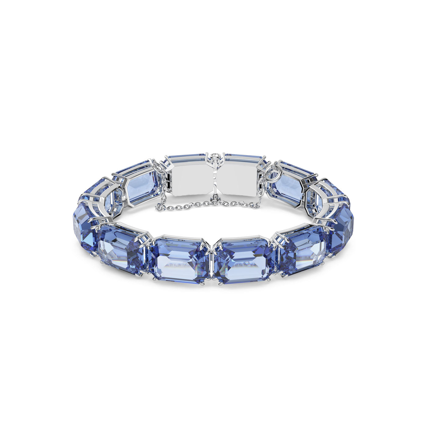The Swarovski Blue Octagon Cut Crystal Millenia Bracelet showcases large, octagonal blue crystals in a linked design. Set against a white background, it captures the sophisticated and elegant style of the Millenia collection, accentuated by its shimmering detail.