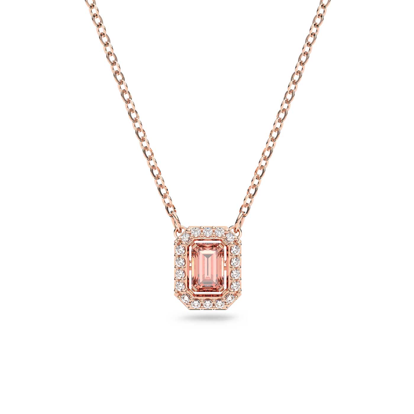 The Swarovski Millenia Zirconia Pink Octagon Cut Necklace showcases a stunning pink octagon-cut gemstone encased in a rose gold pendant, elegantly bordered by petite white diamonds, all delicately suspended on a rose gold-tone plated chain.
