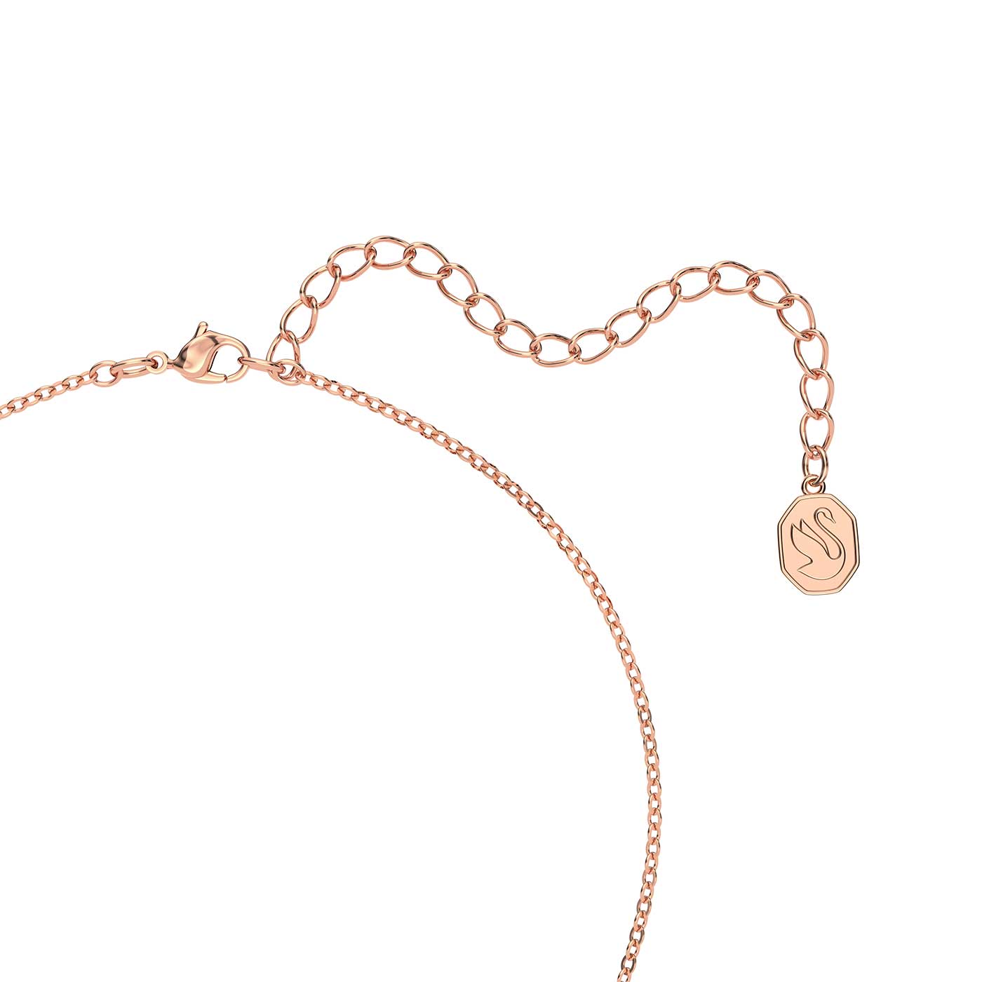 A close-up of the Swarovski Millenia Zirconia Pink Octagon Cut Necklace, showcasing a rose gold-tone plated chain with a thin design and lobster clasp. It features an adjustable, larger looped chain extension that ends with a small rectangular charm, highlighting its elegant design from the Millenia collection by Swarovski.