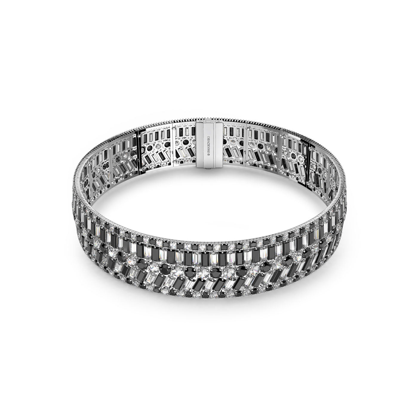 The Swarovski Black Mixed Cuts Crystal Hyperbola Choker, crafted by Swarovski, showcases intricately designed mathemagical patterns with mixed cut crystals and beaded edges in a symmetrical arrangement of rectangular and circular elements, all set in a shimmering rhodium-plated setting.