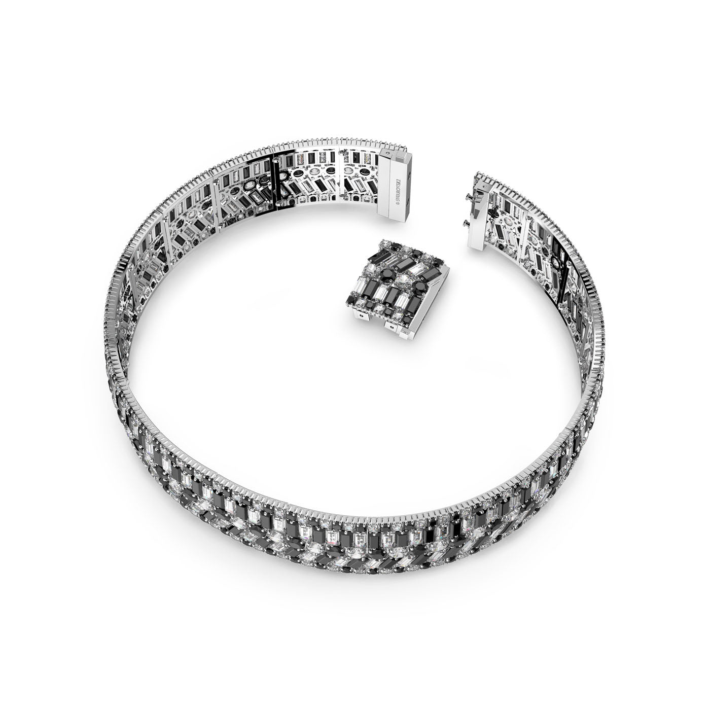 The Swarovski Black Mixed Cuts Crystal Hyperbola Choker by Swarovski boasts a luxurious design, featuring reflective, mathemagical patterns that enhance its elegance and sophistication. The choker is constructed with geometric-patterned details in a stunning rhodium-plated setting and secured with a mechanical closure.