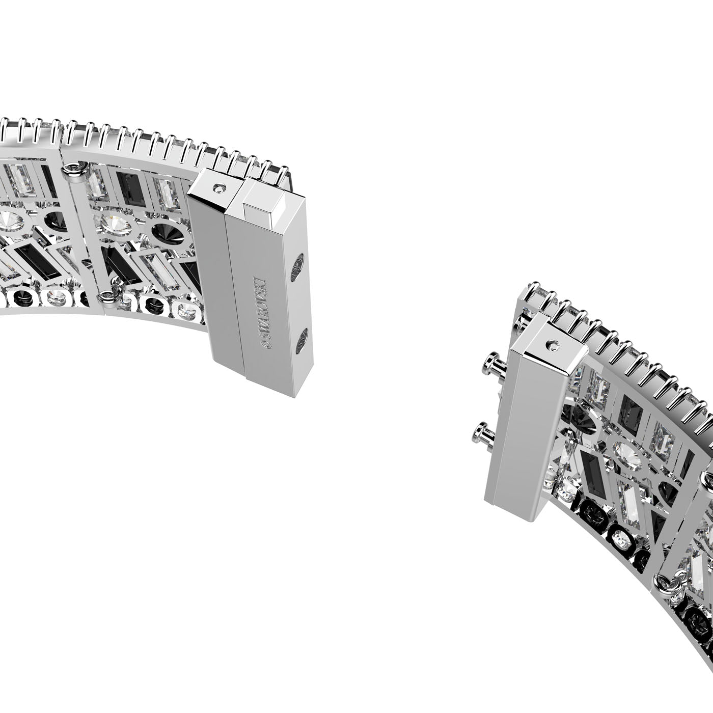 Close-up of the Swarovski Black Mixed Cuts Crystal Hyperbola Choker, featuring intricate detailing and a clasp mechanism. This choker, with its decorative elements and reflective metallic finish, sits elegantly against a plain white background.