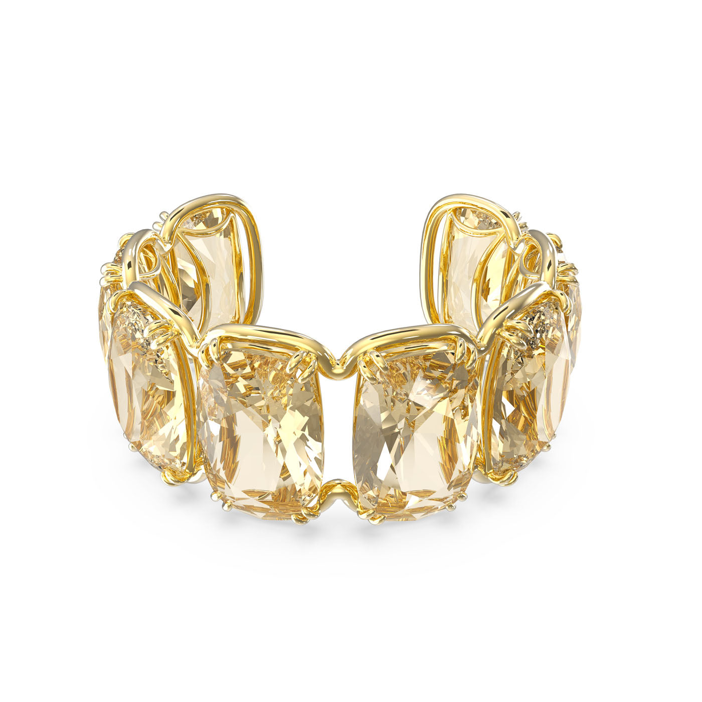 Discover the Swarovski Gold Tone Oversized Floating Crystals Harmonia Cuff, a bracelet elegantly designed with intricate gold detailing and featuring elongated cushion-cut crystals set in a shiny gold-tone plated band.