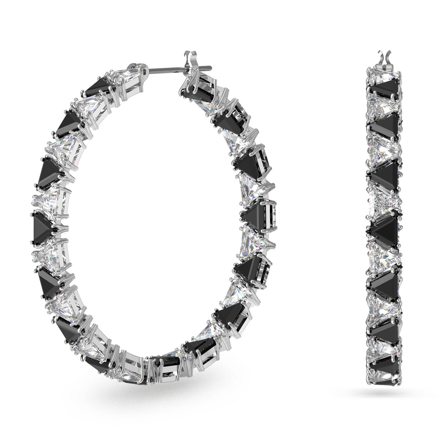 The Swarovski Ortyx Triangle Cut Hoop Earrings, a striking creation from Swarovski, showcase alternating black and white triangular-shaped stones set in silver. One earring is exhibited from the front while the other is viewed from the side, highlighting their sophisticated design.