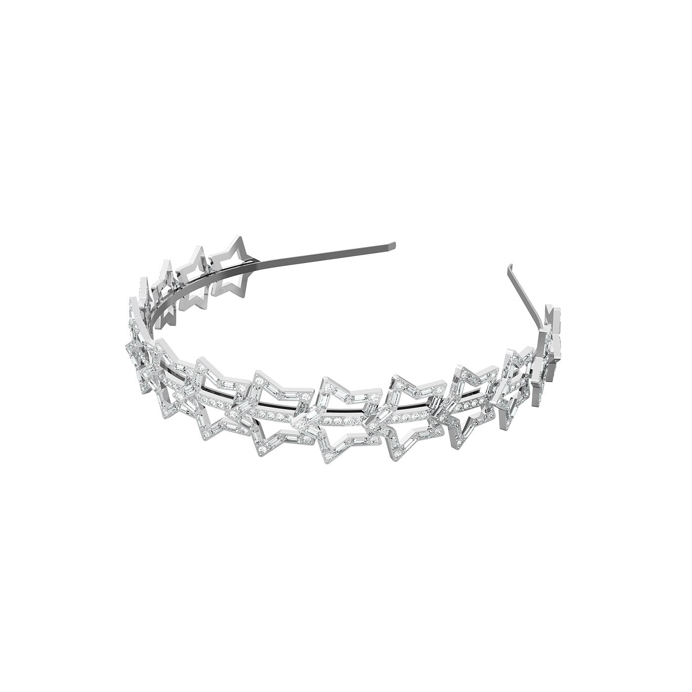 The Swarovski Star Hairband by Swarovski is crafted from rhodium-plated silver and showcases a series of interlocking star shapes adorned with small crystal accents, all set against a white background.