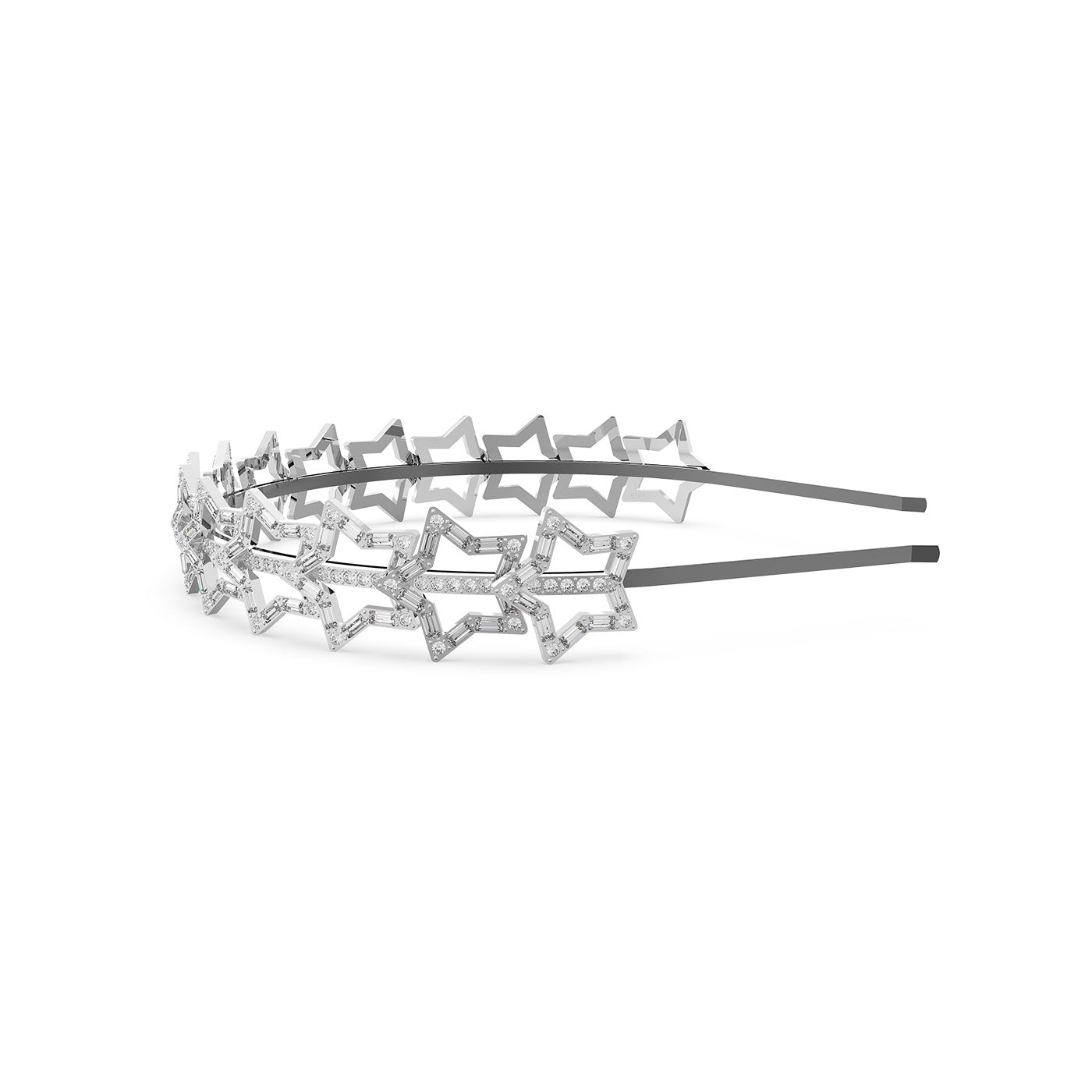 The Swarovski Star Hairband by Swarovski, adorned with two rows of intricately designed star patterns and embellished with clear rhodium-plated crystals, is showcased against a plain white background.