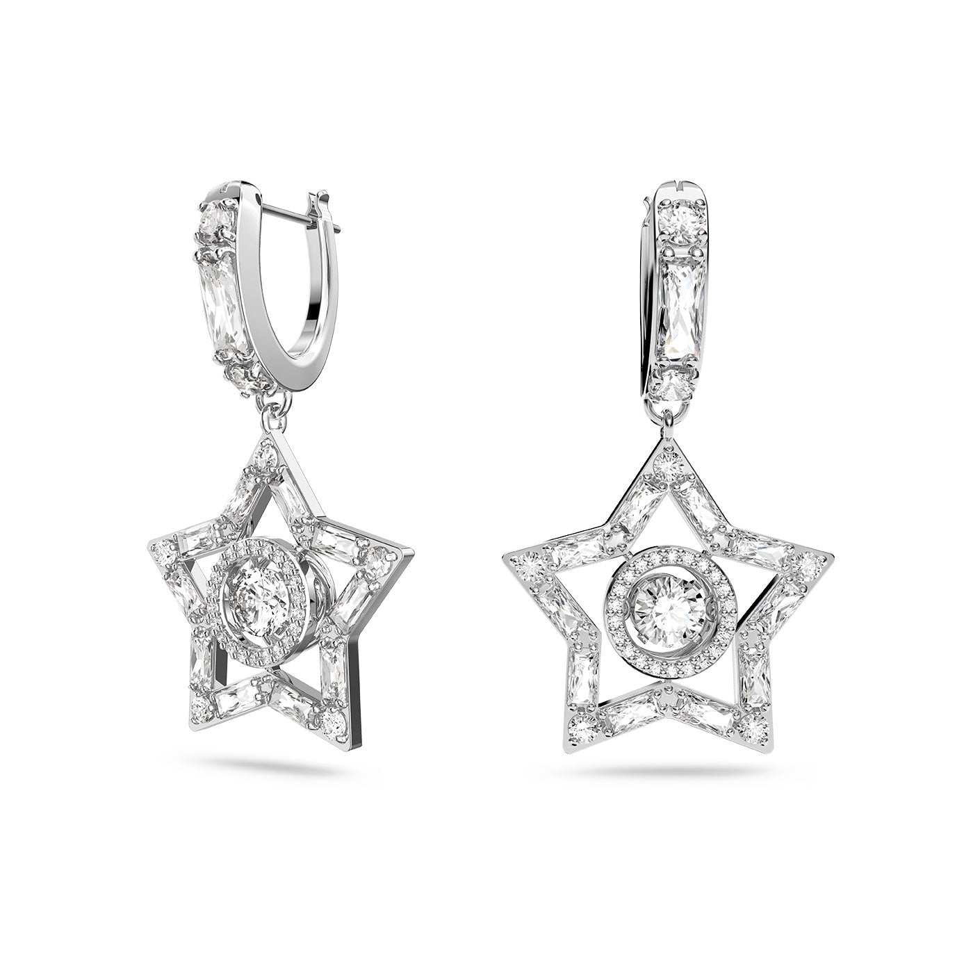 These exquisite Swarovski Mixed Cuts Star Stella Drop Earrings showcase a captivating star design, embellished with intricate diamond detailing. They gracefully dangle from mini hoop earrings studded with additional diamonds, enhancing their brilliance and reflecting light beautifully as part of the Stella family collection.