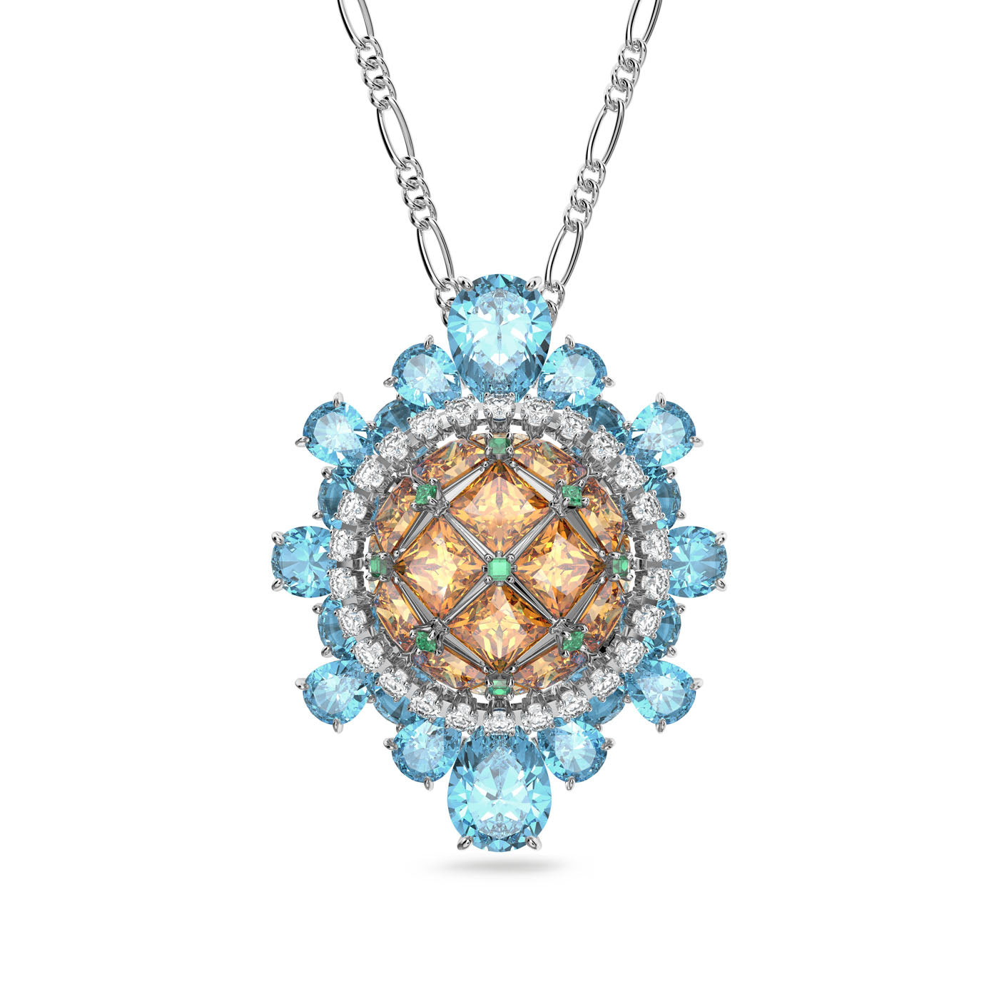 A brooch adorned with a central cluster of square amber and aquamarine crystals, surrounded by a halo of round and teardrop-shaped blue stones. The piece is rhodium plated and set in silver. It is the Swarovski Multicoloured Crystal Curiosa Brooch by Swarovski.