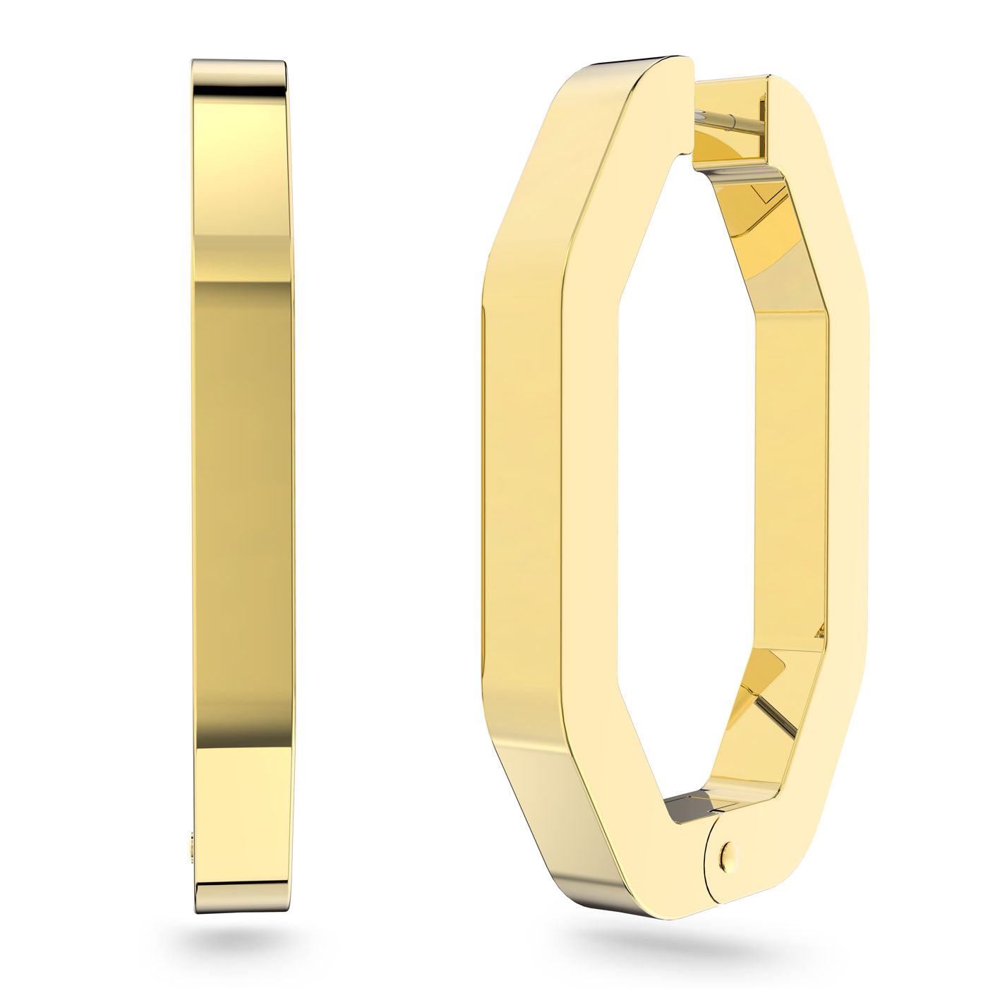 Two geometric hoop earrings in a gold hue are presented, with one earring displayed sideways to highlight its thickness and the other shown from the front to reveal its octagonal shape and sleek, shiny finish. These Swarovski Large Octagon Shape Crystal Dextera Hoop Earrings are elegant additions that could beautifully complement any look within the Swarovski collection.