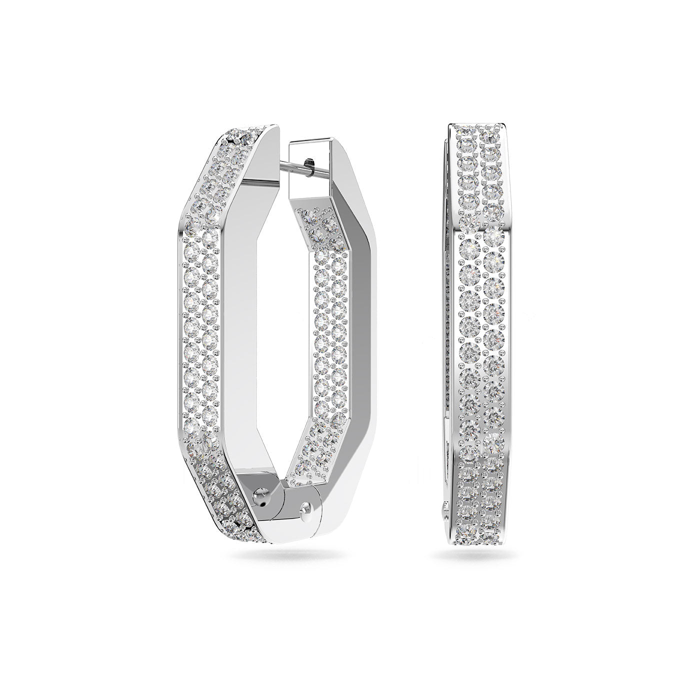 A pair of Swarovski Dextera Hoop Earrings adorned with small, sparkling diamonds features a hexagonal design. The earrings are displayed from the side and front, emphasizing their geometric shape and lustrous metallic finish.