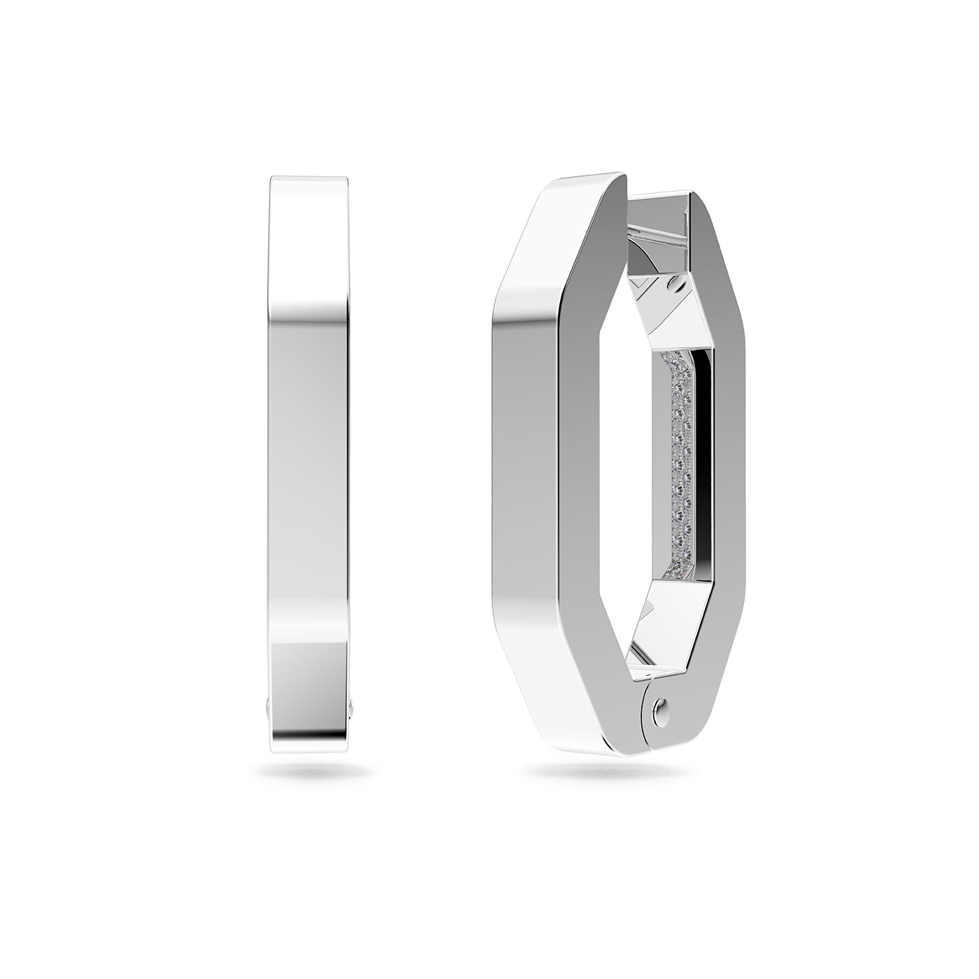 Two views of a hexagonal silver earring, part of the Swarovski Dextera collection, are shown against a white background. One is a side view displaying the hoop thickness, while the other is a front view revealing small gemstones set inside the hexagon shape using pavé technique.