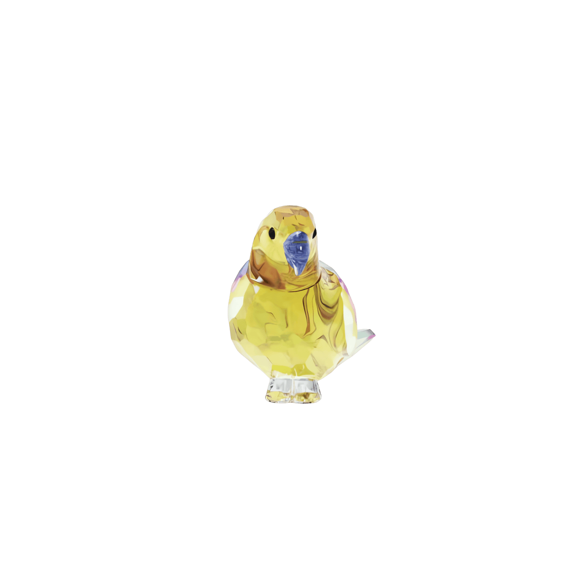 A small, yellow crystal bird figurine from the Swarovski Jungle Beats Yellow Parakeet Lechee collection by Swarovski, featuring a blue beak, is displayed on a plain white background.