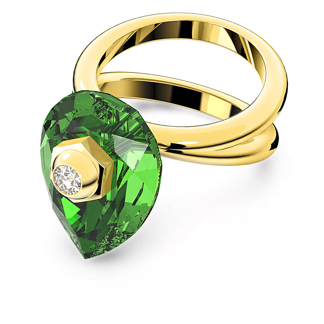 Introducing the Swarovski Numina Ring from Swarovski, this exquisite gold cocktail ring features a pear-shaped green gemstone set in a unique hexagonal design. At its center, a delicate round diamond sparkles beautifully. The band's sleek and polished look perfectly enhances the vibrant green crystal and dazzling diamond accents, capturing the essence of Giovanna Engelbert's renowned style.