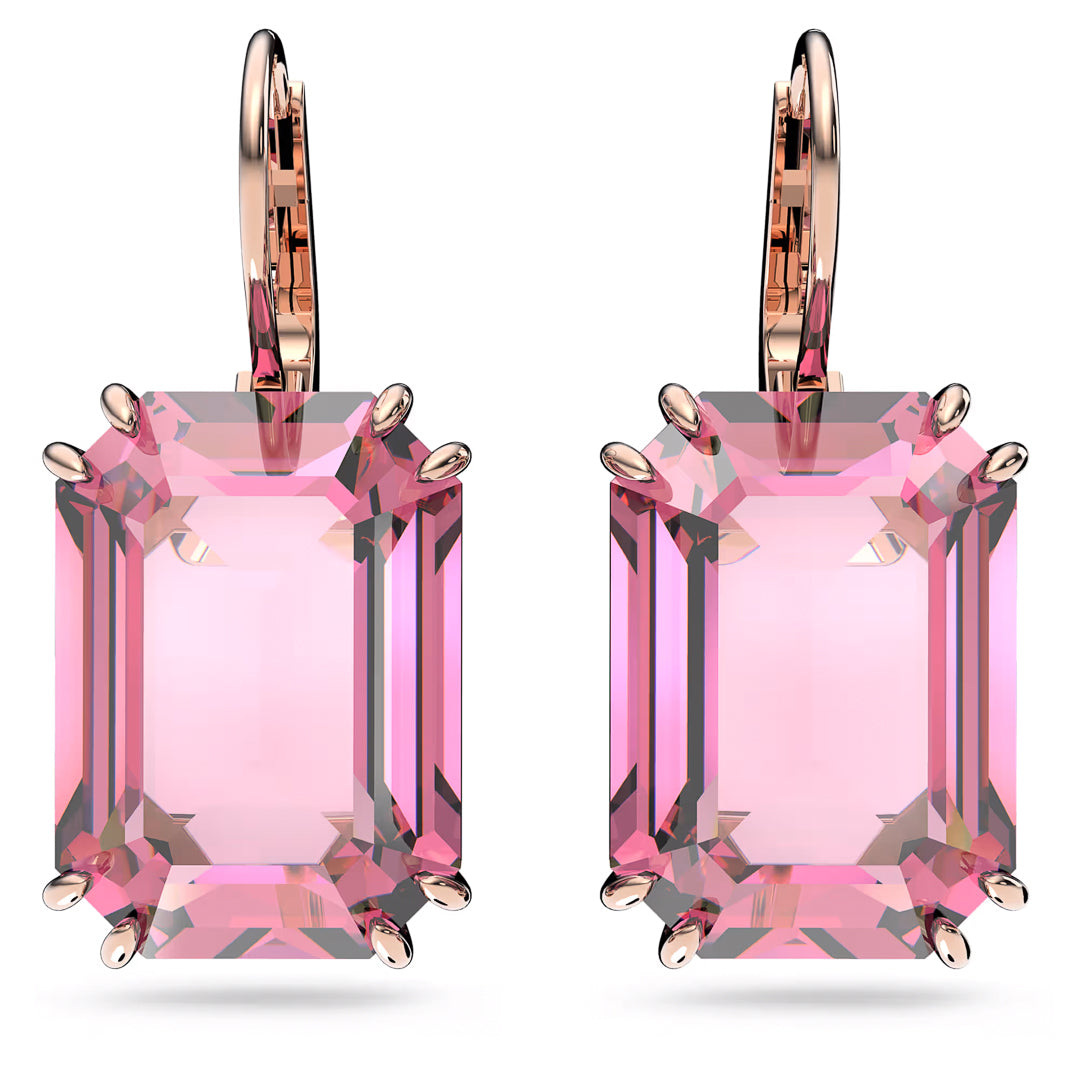 Experience the refined elegance of Swarovski's Millenia Drop Earrings, featuring large, octagon-cut crystals with a pink tint set in rose gold-tone plated clasps. These stunning earrings have lever-back closures and their faceted design perfectly reflects light.