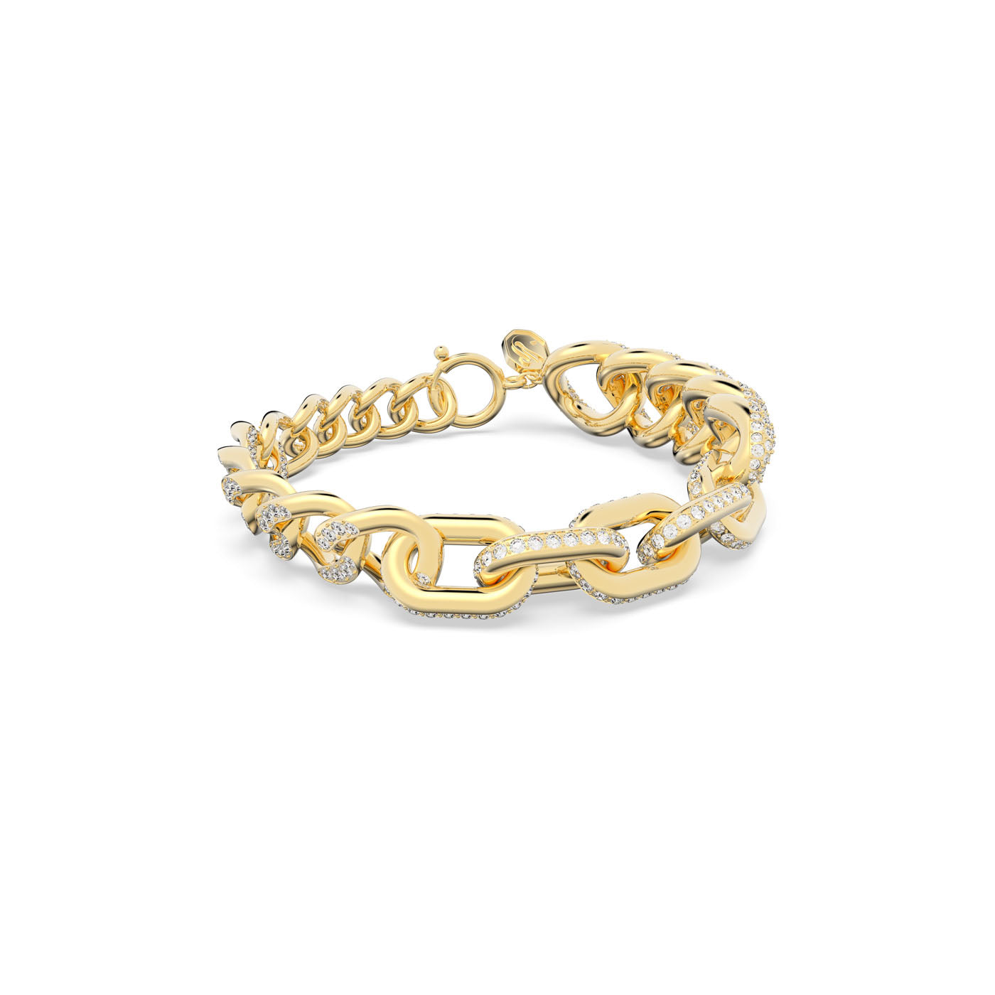 Discover the Swarovski Gold Tone Pavé Dextera Bracelet, a striking statement piece featuring chain link designs with alternating large and small links. Some of the links are encrusted with sparkling Swarovski crystals, creating a stunning look against the white background.