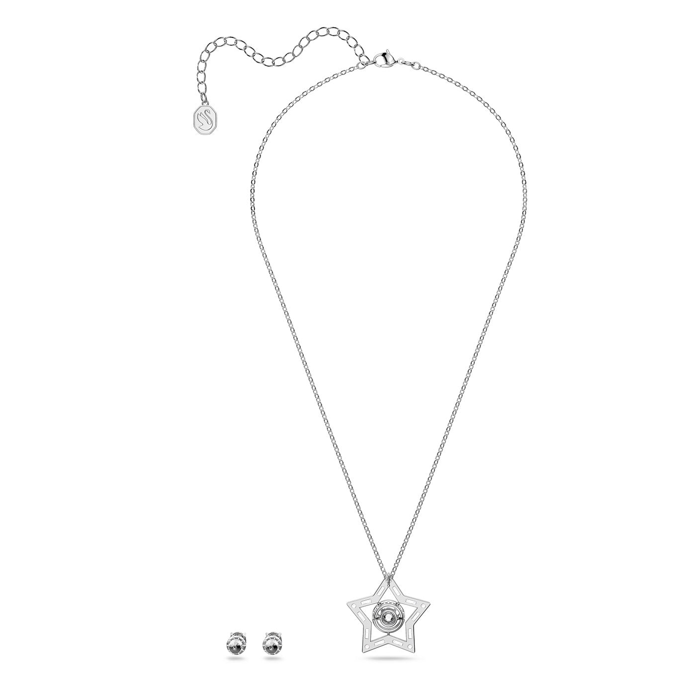 The Swarovski Mixed Cuts Stella Necklace and Earrings Set by Swarovski includes a dazzling silver star-shaped pendant necklace paired with matching zirconia earrings. The rhodium-plated necklace features an adjustable chain complete with a clasp and charm detail, beautifully showcased against a crisp white background.