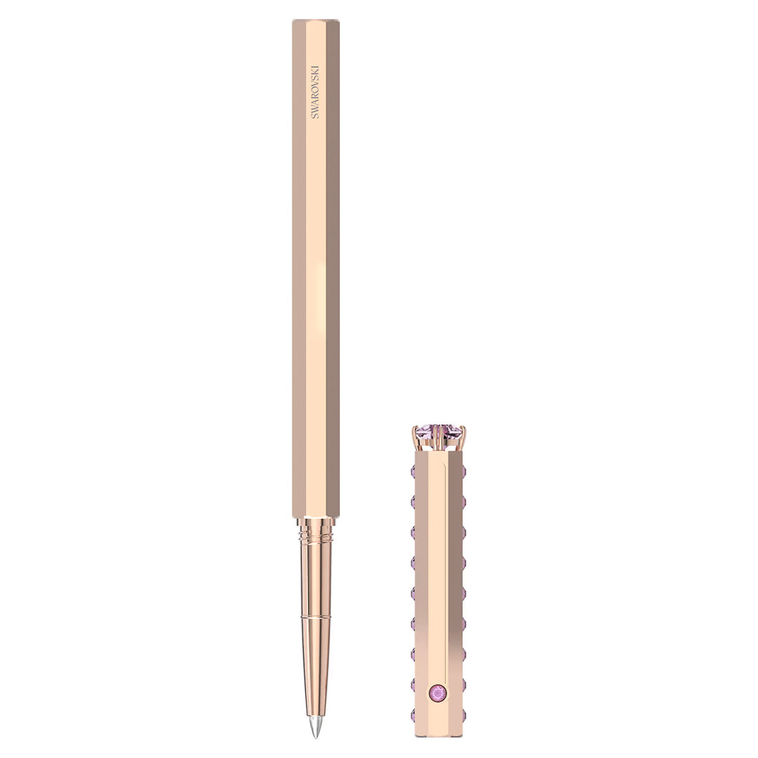 The luxurious, gold-colored Swarovski Ballpoint Pen from the Millenia collection showcases its elegance with a faceted cap and sleek design. Displayed with the cap removed and placed parallel on a white background, it exudes sophistication.