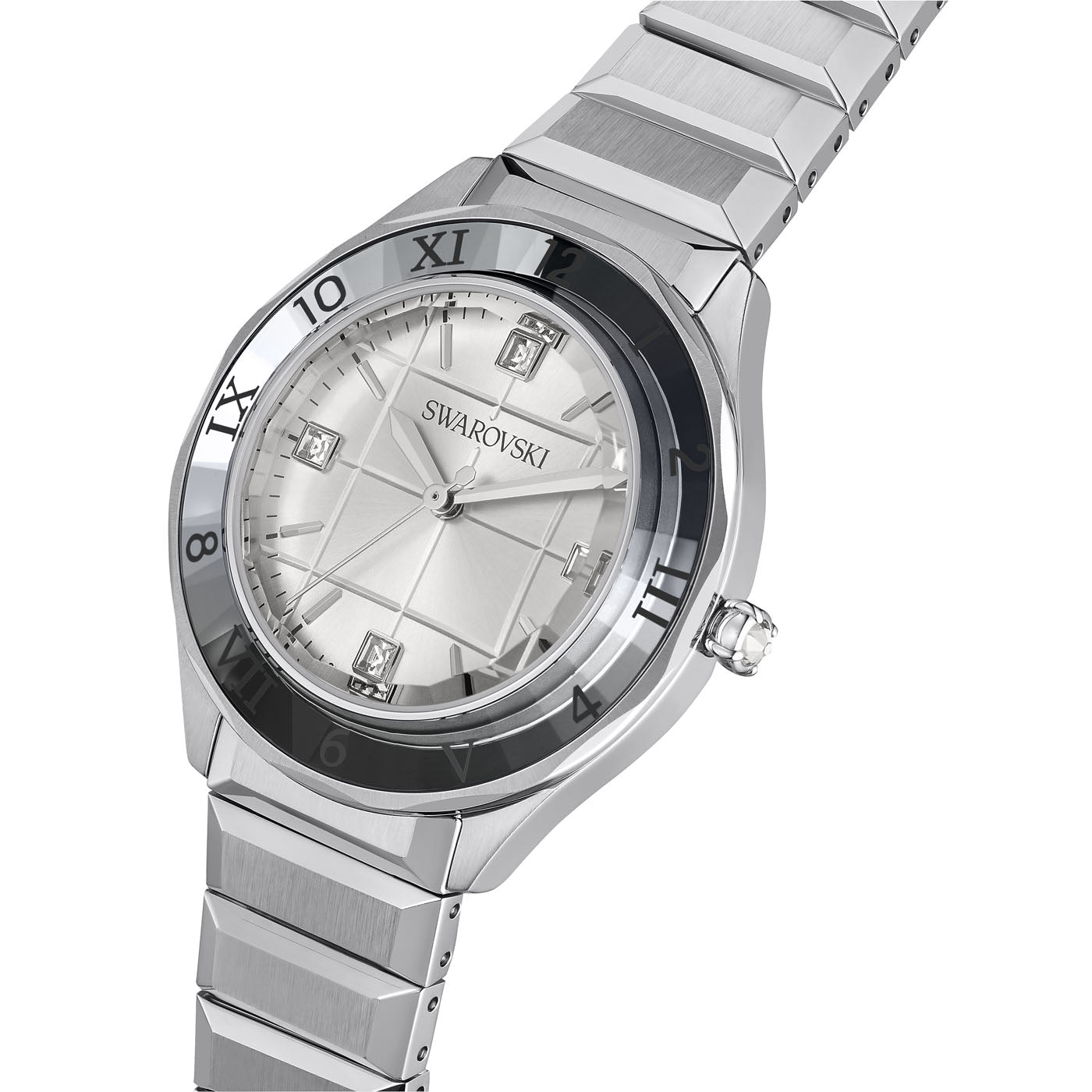 The Swarovski Dextera Quartz 37mm Watch boasts a polished stainless steel bracelet in silver and a round face. Its dial is adorned with Roman numerals and crystal hour markers, complemented by a reflective bezel and a shiny finish. The watch exudes an industrial chic design that's both modern and elegant.