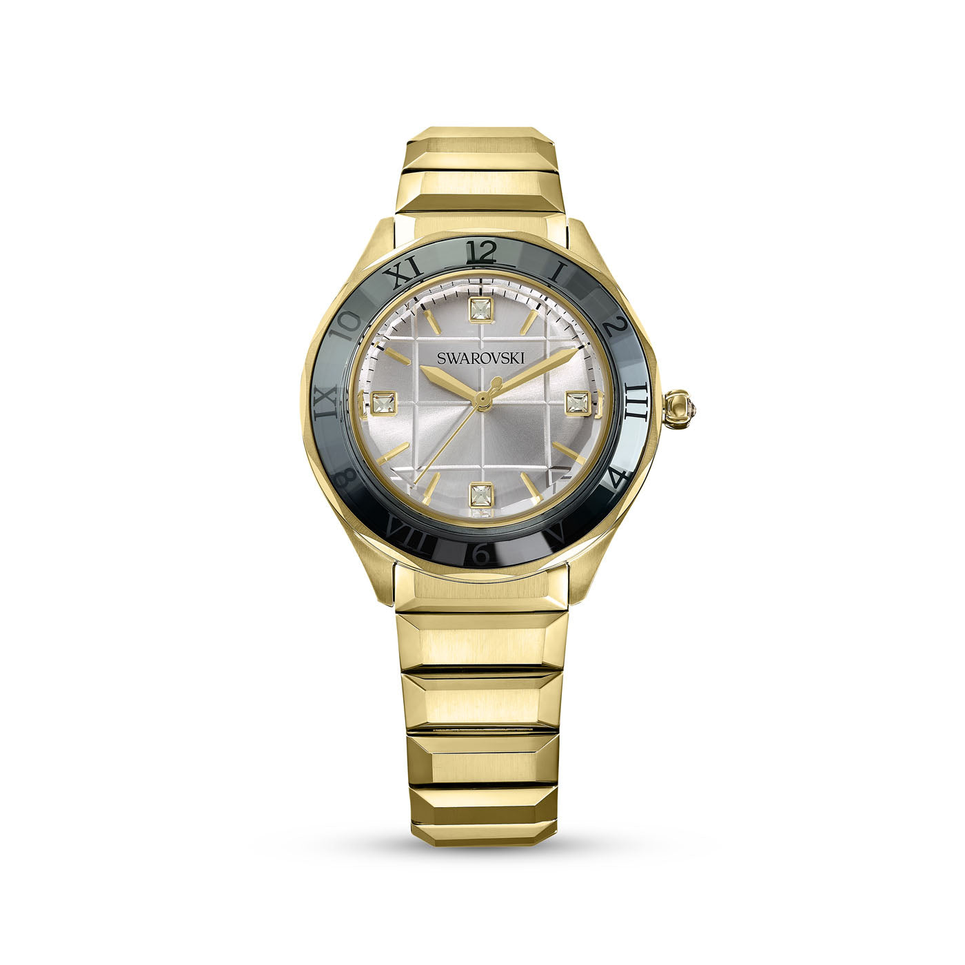 The Swarovski Dextera Quartz 37mm Watch boasts a gold-tone finish with a reflective silver dial, black bezel, and geometric hour markers. Its matching gold band and slim watch hands enhance its elegant design, making it ideal for those who appreciate an industrial chic aesthetic.