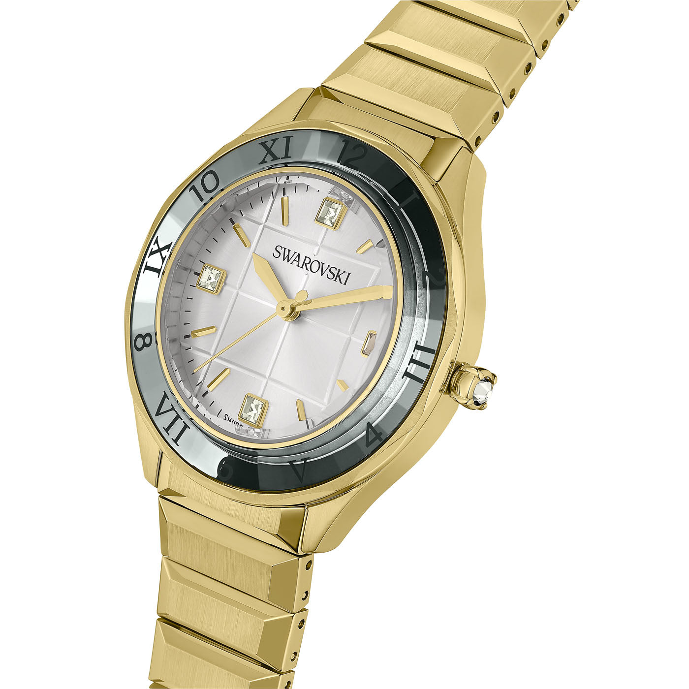 The Swarovski Dextera Quartz 37mm Watch boasts an industrial chic design with a gold-tone finish and a metallic band. Featuring a round face adorned with Roman numerals at each hour, it also includes a silver dial, four crystal hour markers, and the "Swarovski" brand name prominently displayed at the center.