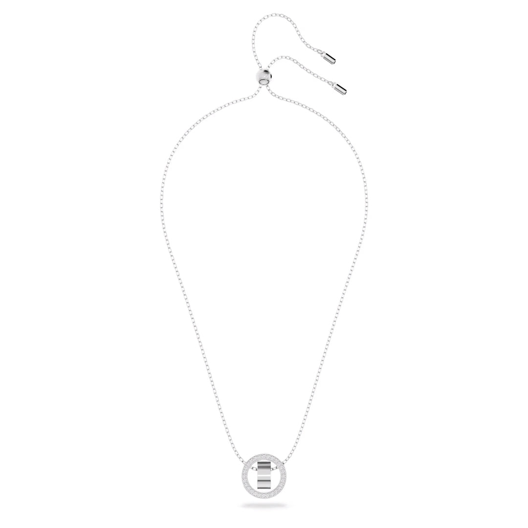 Introducing the Swarovski Dextera Necklace Pendant by Swarovski, a rhodium-plated silver necklace featuring an adjustable chain and a central circular pendant. The pendant showcases a sleek vertical bar design embellished with crystal pavé, offering a modern flair to this sophisticated piece of jewelry.