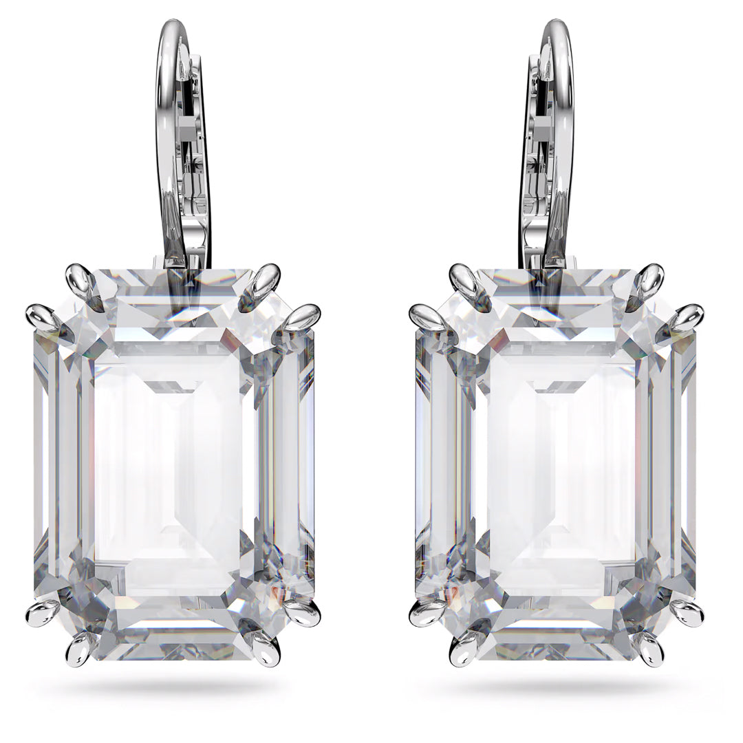 The Swarovski Millenia Drop Earrings feature octagon-cut clear gemstones set in a rhodium-plated silver six-prong setting with leverback clasps. These transparent gems showcase a classic and elegant design, beautifully crafted as part of the Millenia family collection by Swarovski.