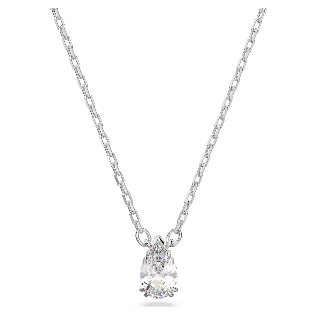 The Swarovski Stilla Necklace Pendant by Swarovski is a rhodium-plated silver necklace featuring a stunning pendant with a pear-cut stone that hangs elegantly on the chain.