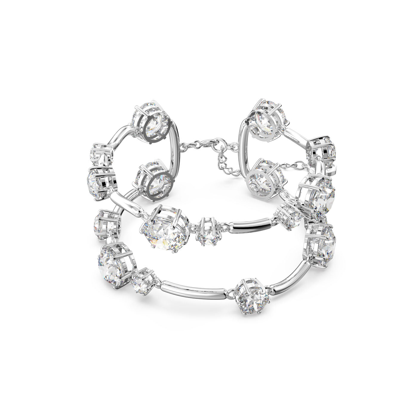 Introducing the Swarovski Round Cut Crystal Constella Double Bangle, a sophisticated piece from the renowned Swarovski brand. This silver bracelet features multiple round, intricate crystal accents linked by elegantly curved rhodium-plated connectors to capture light and exude a dazzling sparkle. The bangle-style design is double-layered and equipped with a secure clasp and extender chain for added versatility.