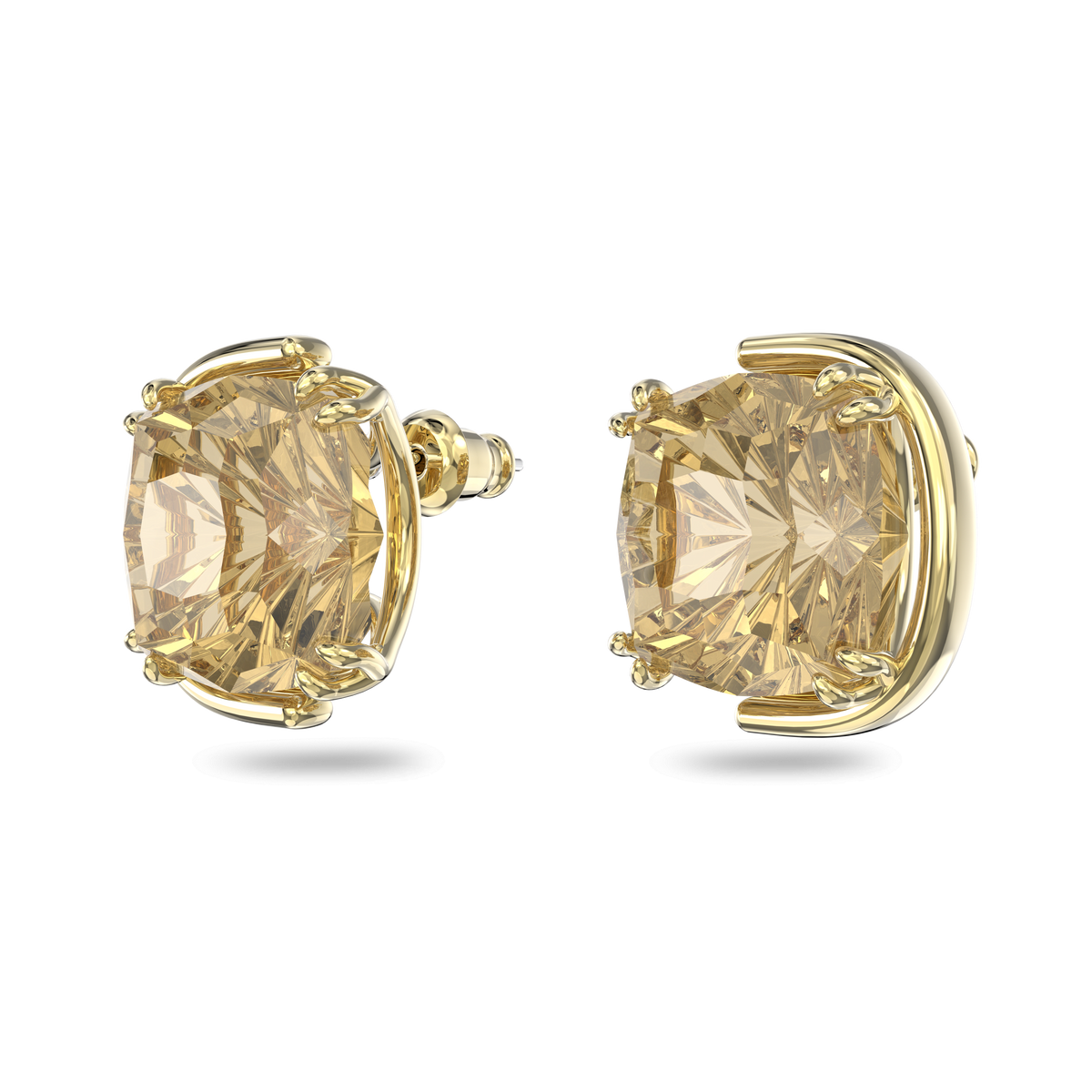 A pair of Swarovski Harmonia Stud Earrings by Swarovski, cushion cut and gold tone plated, featuring large yellow gemstones set in classic four-prong settings, displayed against a plain white background.
